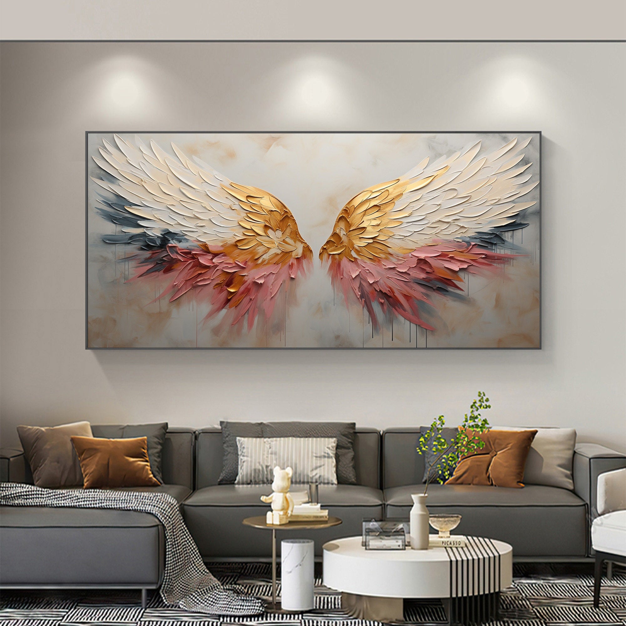Celestial Wings – Gold Leaf Feather Relief Texture Painting | Modern Luxury Metallic Living Room & Hotel Art
