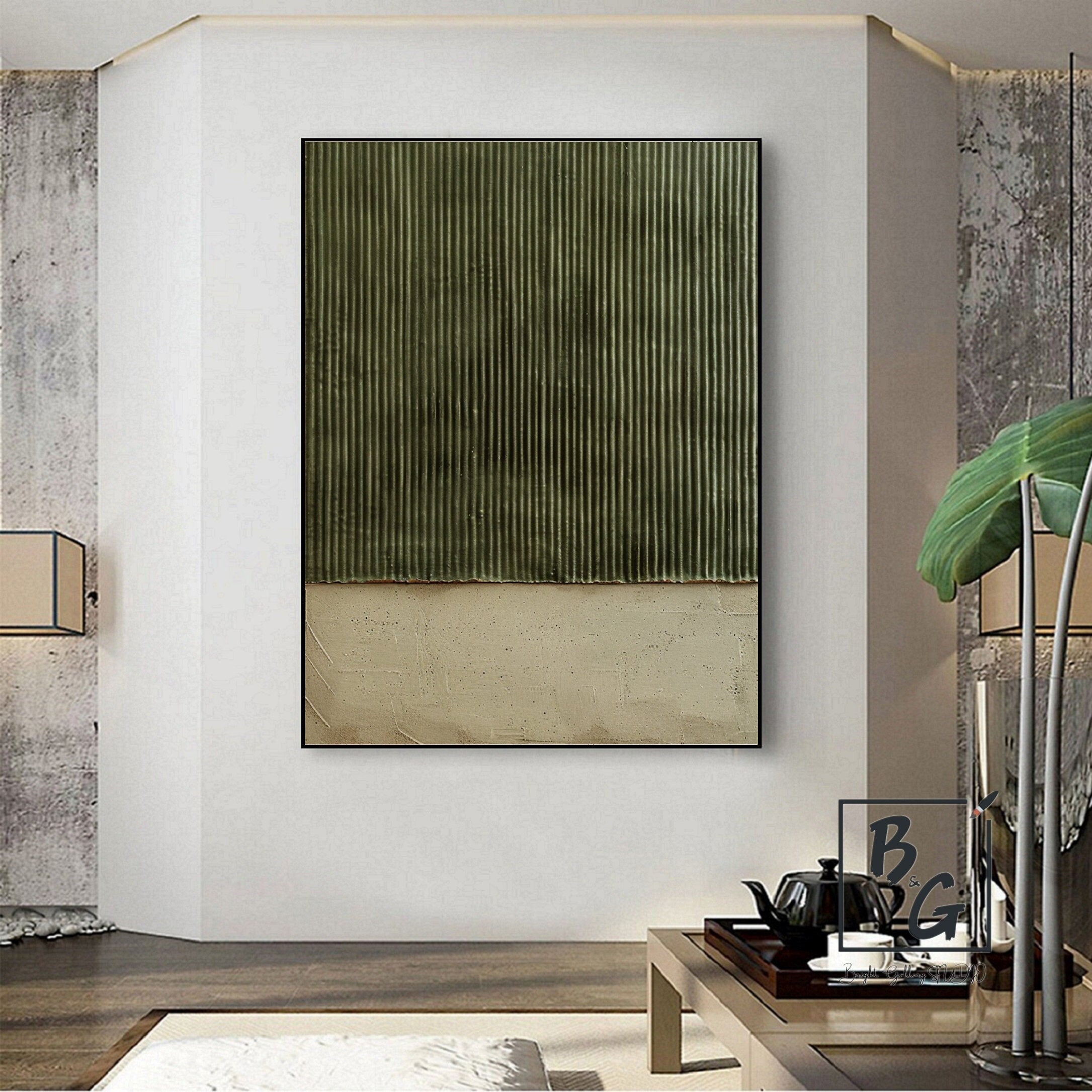 Vertical Zen – Hand-Painted Olive Green Fluted Texture Plaster Effect Abstract Wabi-Sabi Painting | Japandi Wabi-Sabi Living Room & Bedroom Art