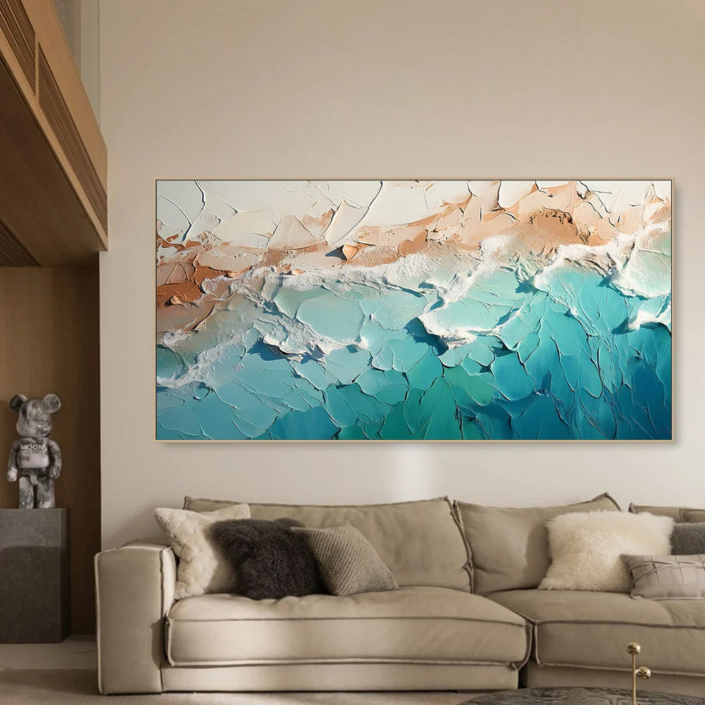 EMERALD COAST: Texture Wall Art, Hand-Painted Horizontal Emerald Green and Sand Plaster Relief 3D Heavy Texture Studio Art