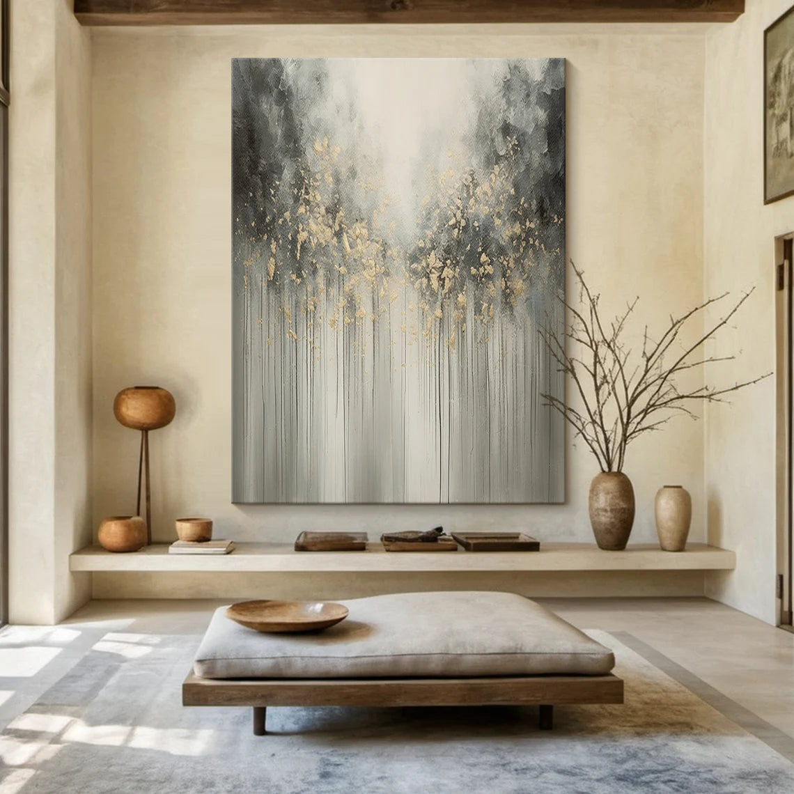 GOLDEN RAIN: Modern Vertical 3D Heavy Texture Wall Art, Abstract Grey & Gold Drip Relief