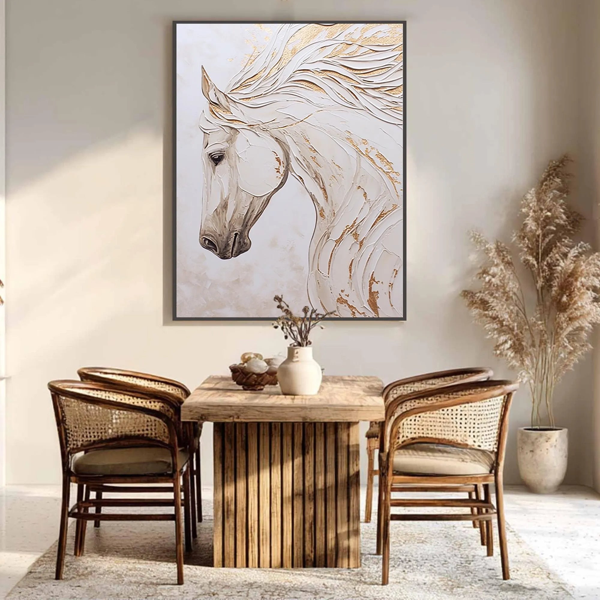 White Elegance – Modern Minimalist White Horse Sculptural Impasto Painting | Luxury Living Room Art