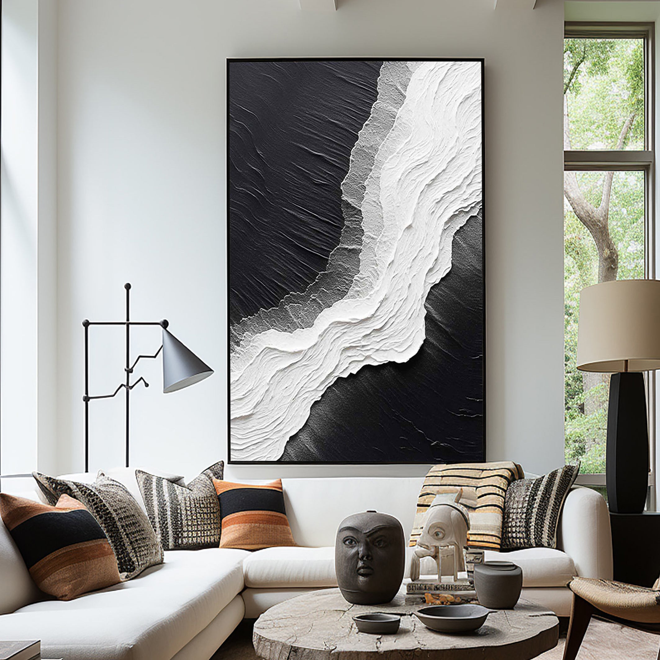 MONOCHROME RIDGE: Texture Wall Art, Hand-Painted Black and White 3D Plaster Relief Heavy Texture Studio Art