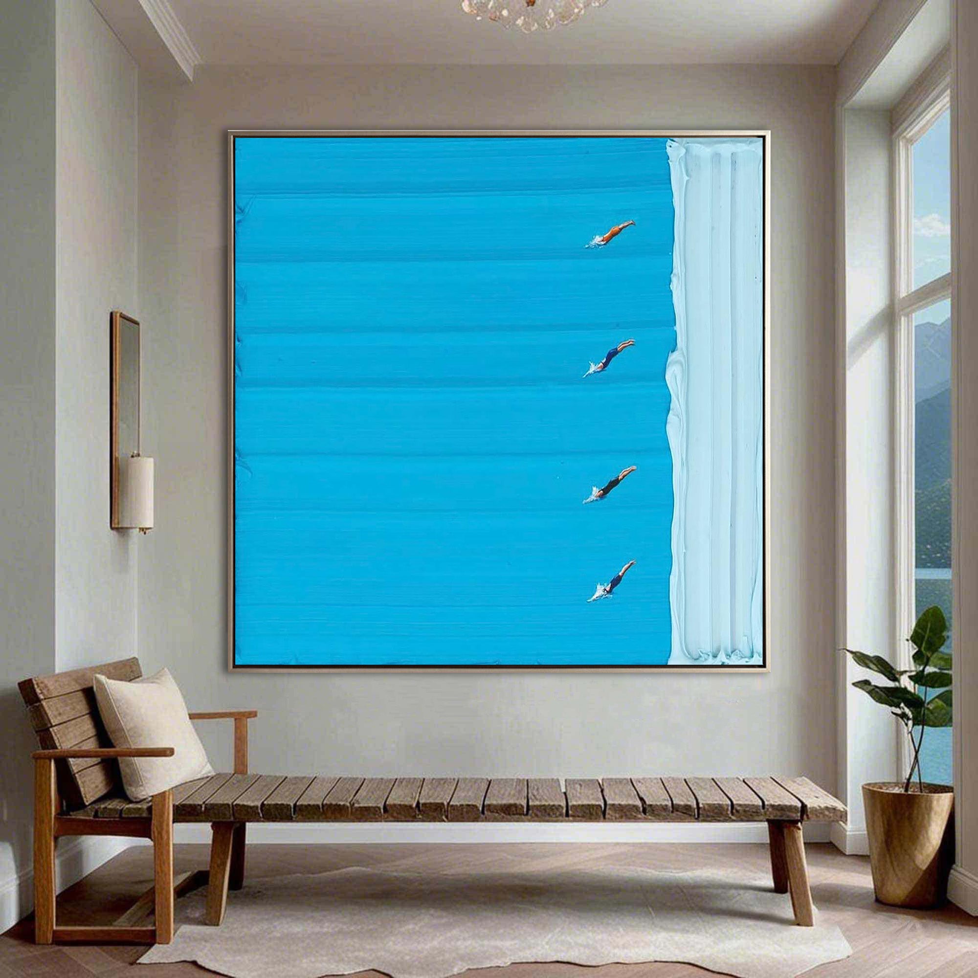 Azure Lane – Hand-Painted Minimalist Swimming Pool with Figures Sport Painting | Contemporary Expressionist Living Room & Office Art