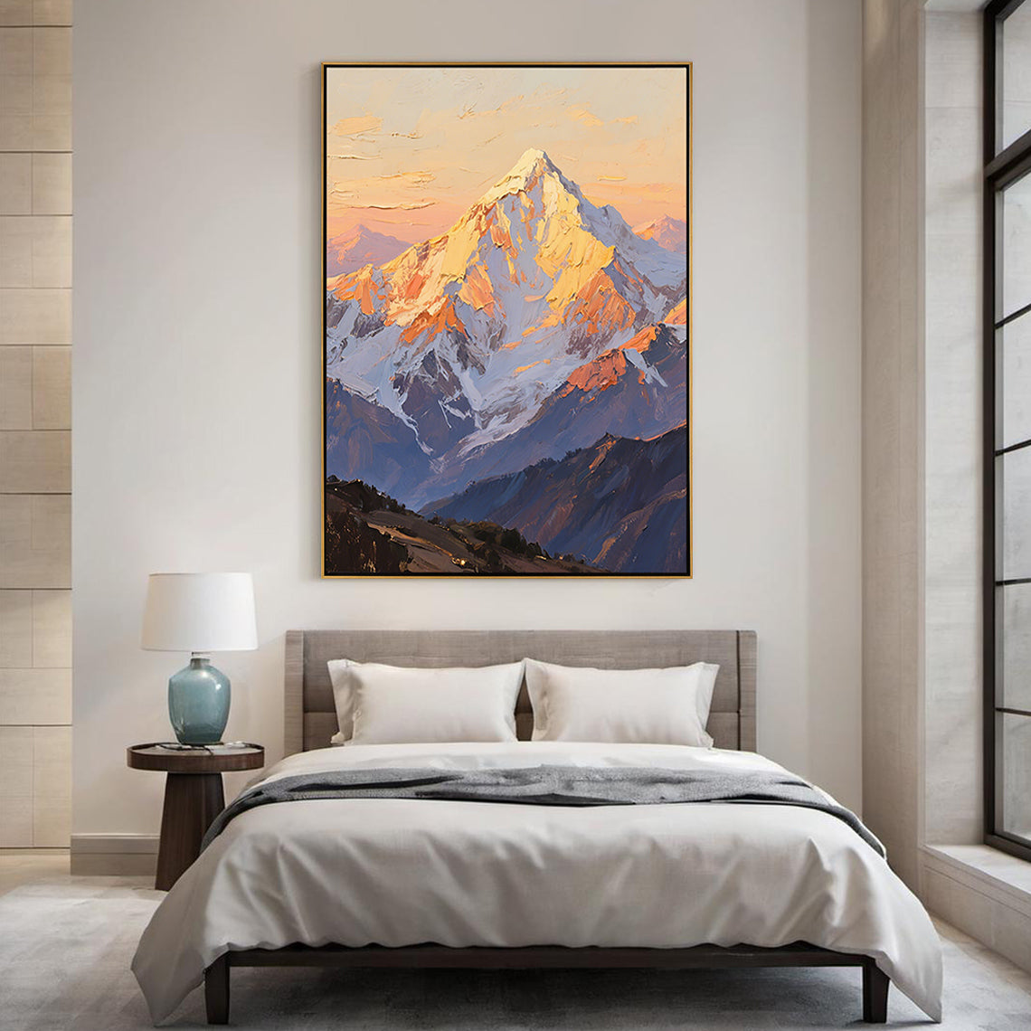 The Gilded Crest – Contemporary Sunset Mountain Peak Painting | Vibrant High-Contrast Statement Hallway Art