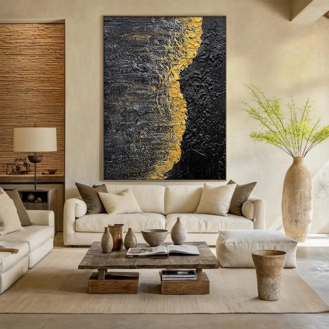 Golden Rift – Heavy Impasto Black and Gold Abstract Art | Luxury Minimalist Living Room Art