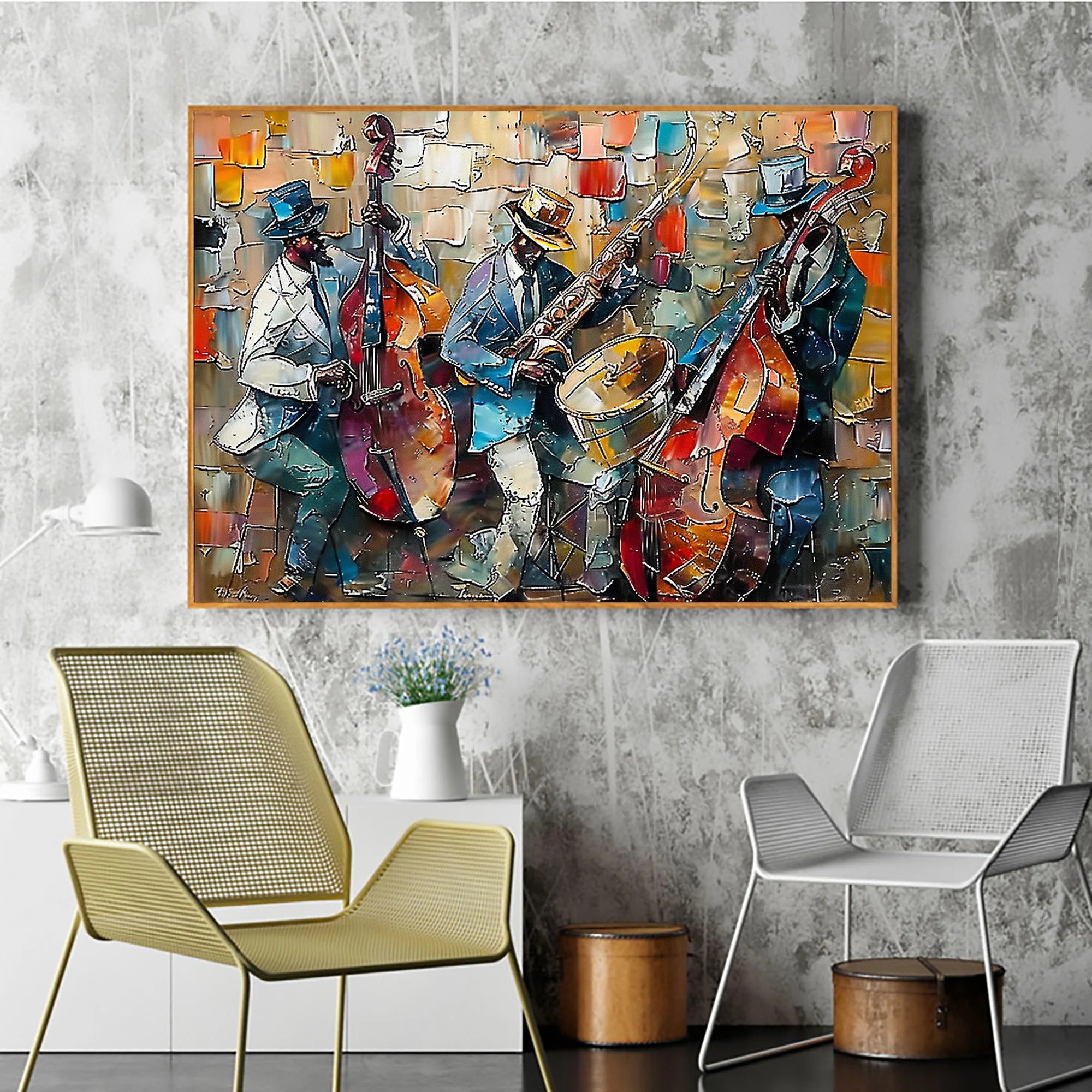SOULFUL NOTES: People Portrait Wall Art, Hand-Painted Abstract Jazz Bassist Performance Textured Studio Gallery Art