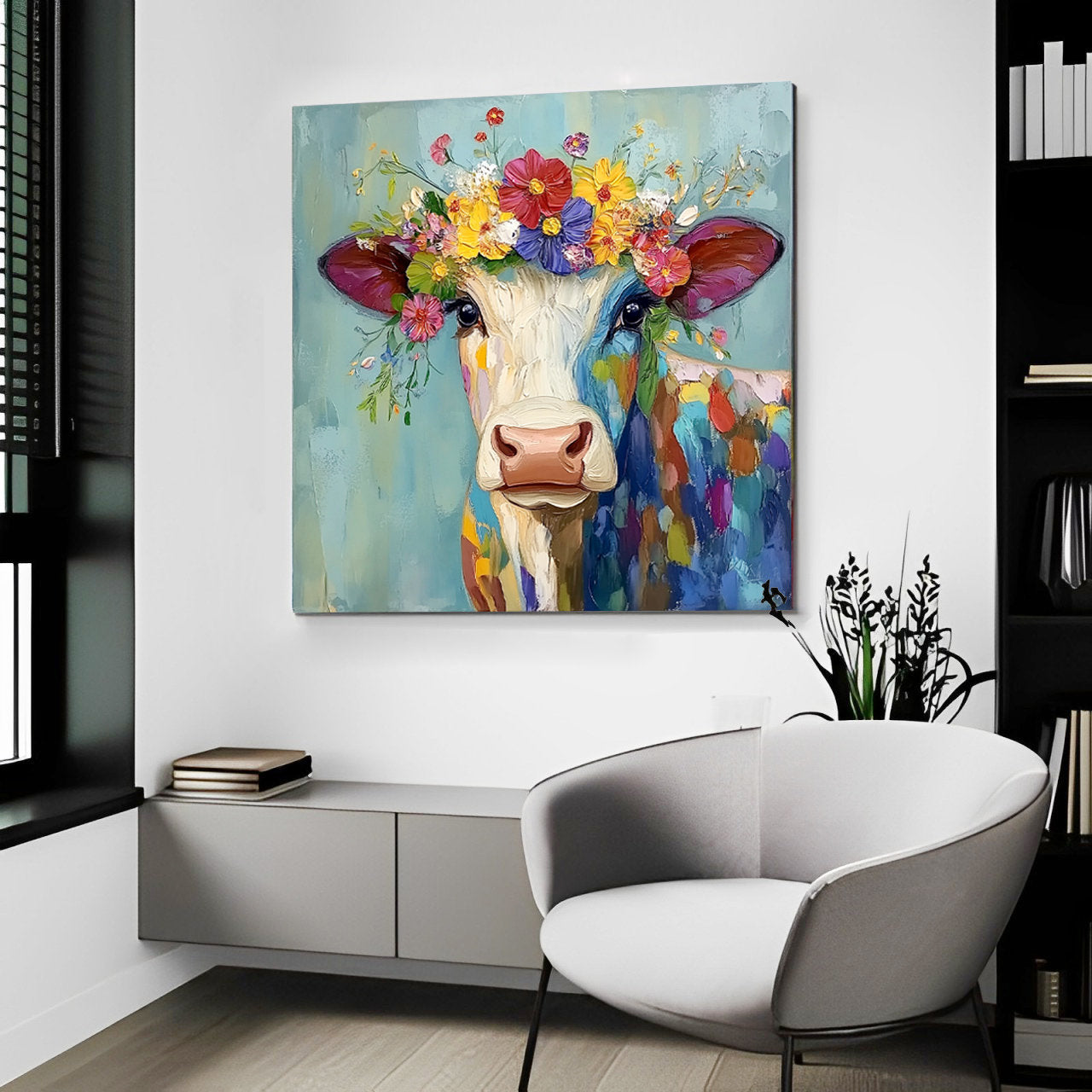 Floral Heifer – Vibrant Expressionist Cow with Floral Crown Painting | Modern Farmhouse Hallway Art