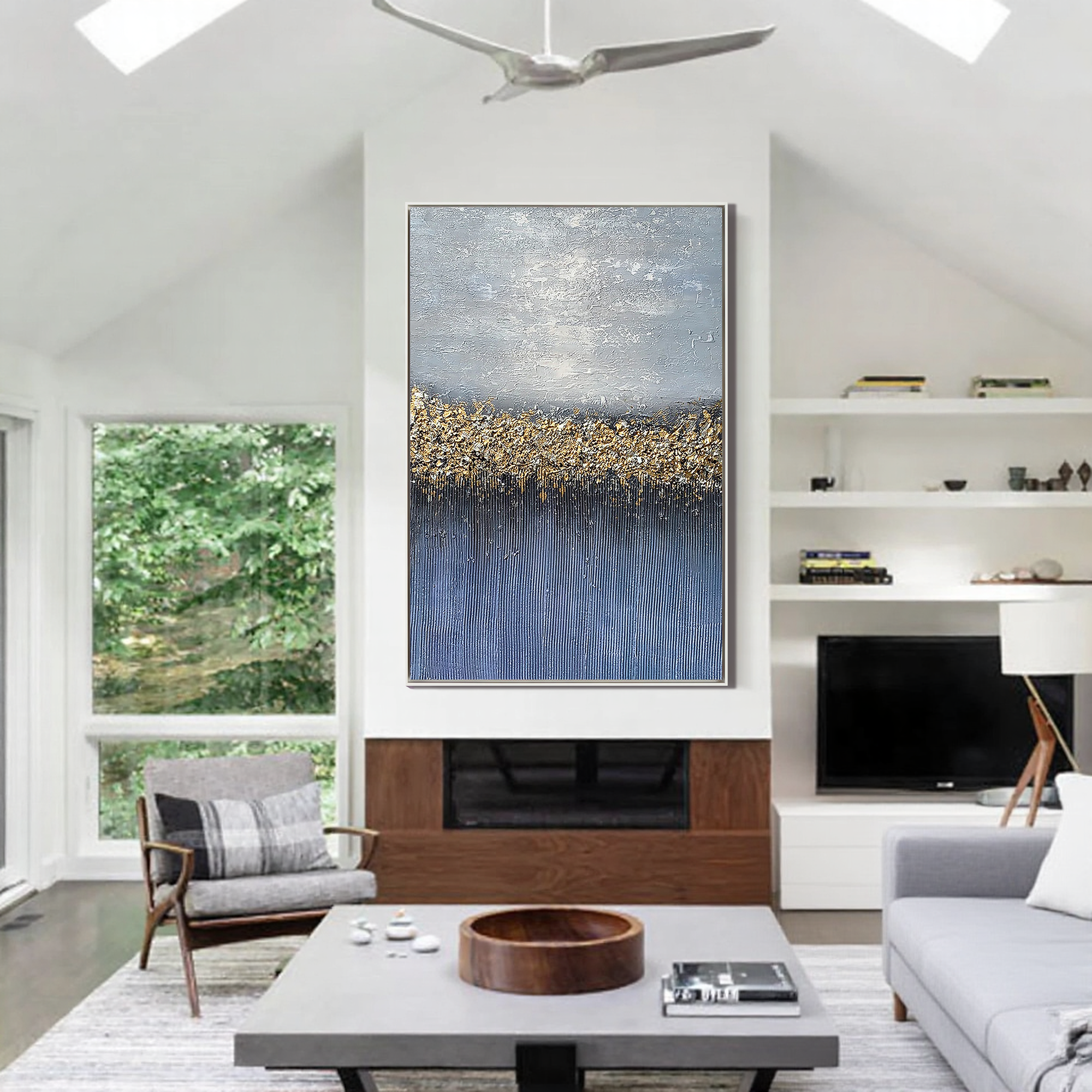 Galactic Reflection – Hand-Painted Navy Blue and Gold Foil Starry Sky 3D Plaster Effect Texture Painting | Coastal Modern Living Room & Bedroom Art