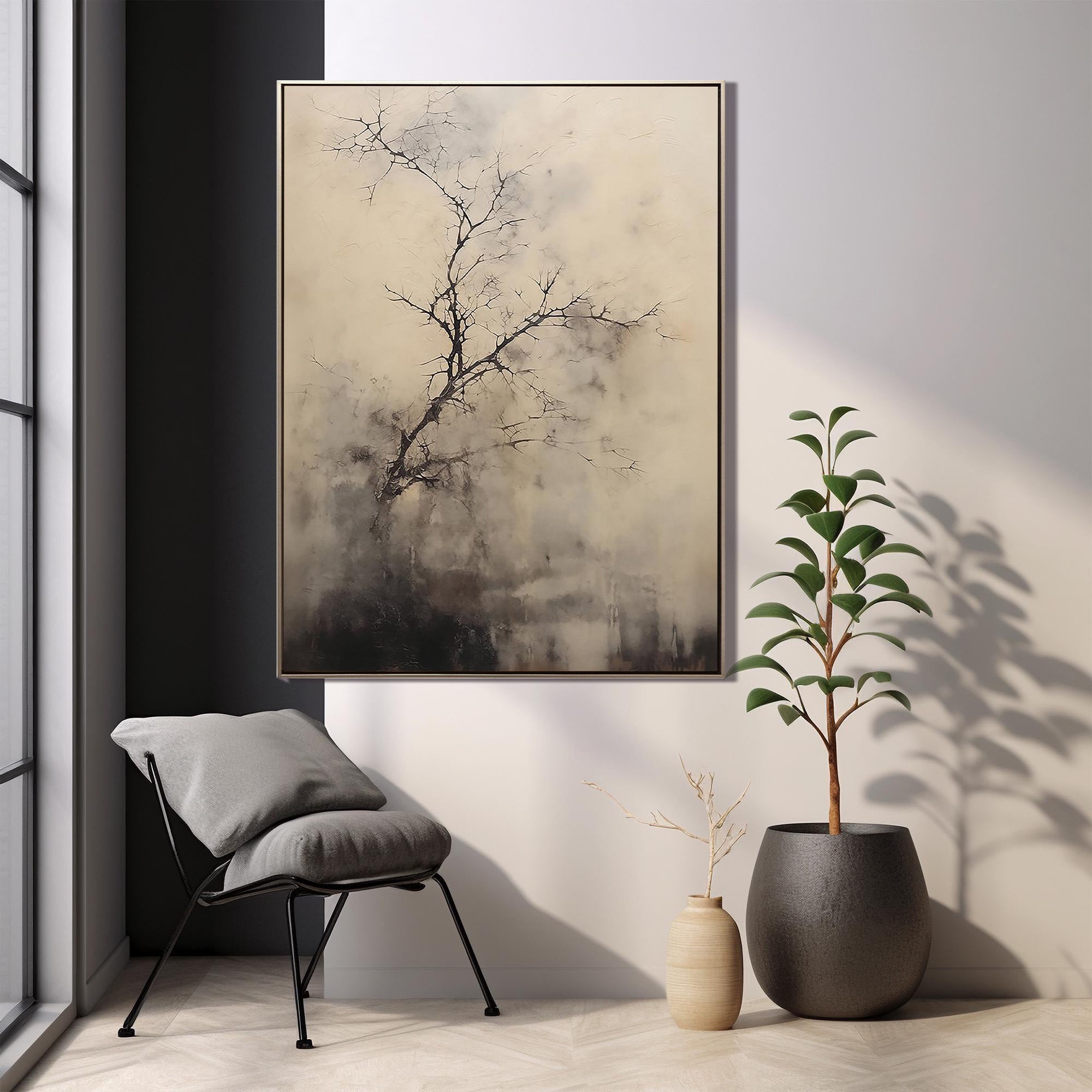 Winter Whisper – Modern Minimalist Ink-Style Relief Wabi-Sabi Painting | Japandi Wabi-Sabi Living Room & Bedroom Art