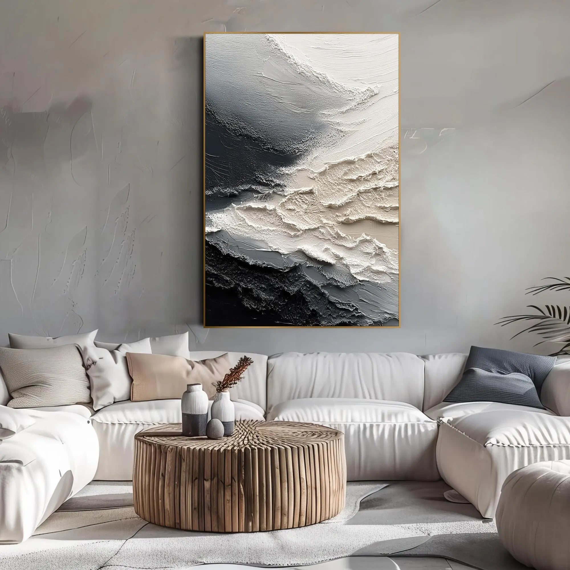 Arctic Fissure – Hand-Painted Black and White Plaster Effect Relief Texture Painting | Bold Minimalist Bedroom & Home Office Art