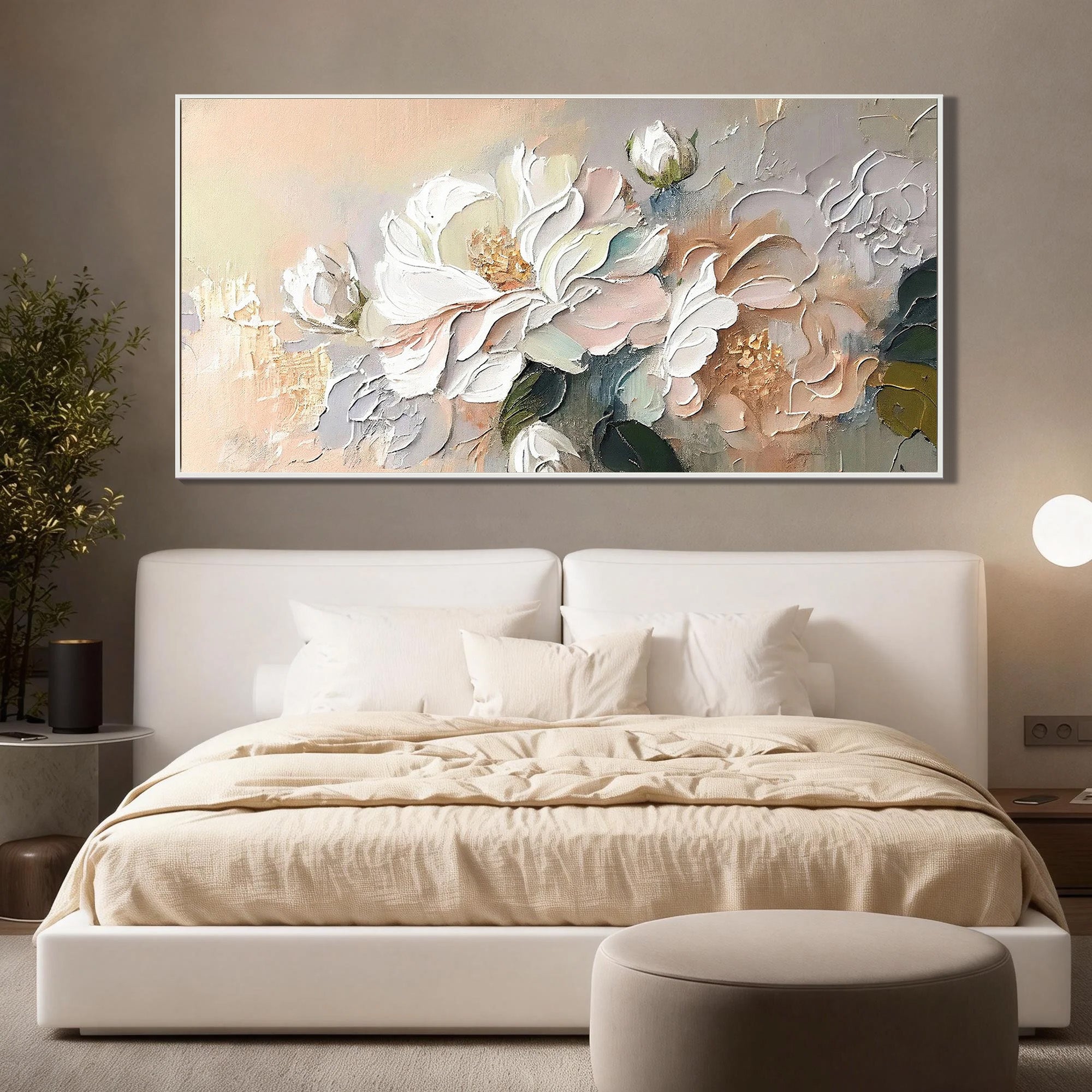 Creamy Blooms – Hand-Painted Impasto White Peony Thick Floral Painting | Soft Organic Botanical Bedroom & Living Room Art