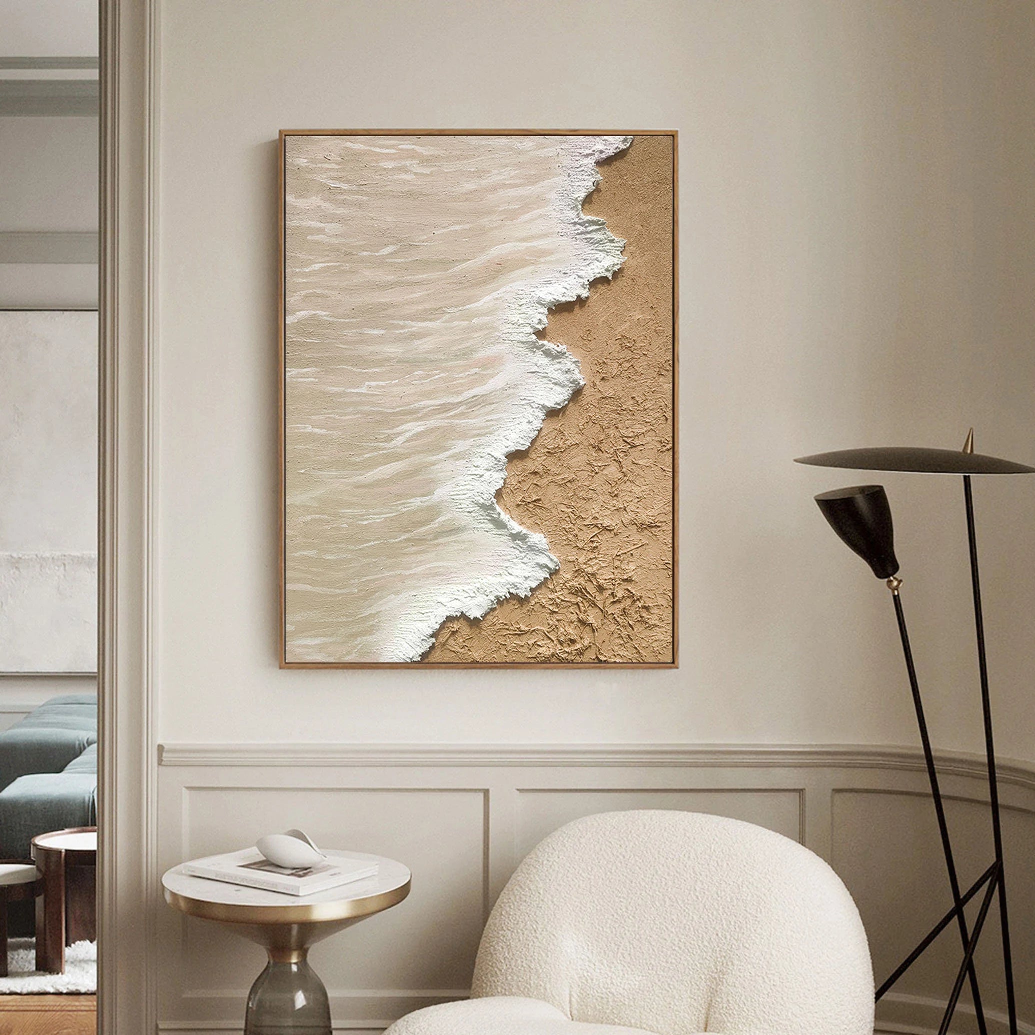 Sandy Shore – Hand-Painted Creamy White Sea Foam 3D Plaster Effect Nature Painting | Japandi Organic Texture Living Room & Bedroom Art