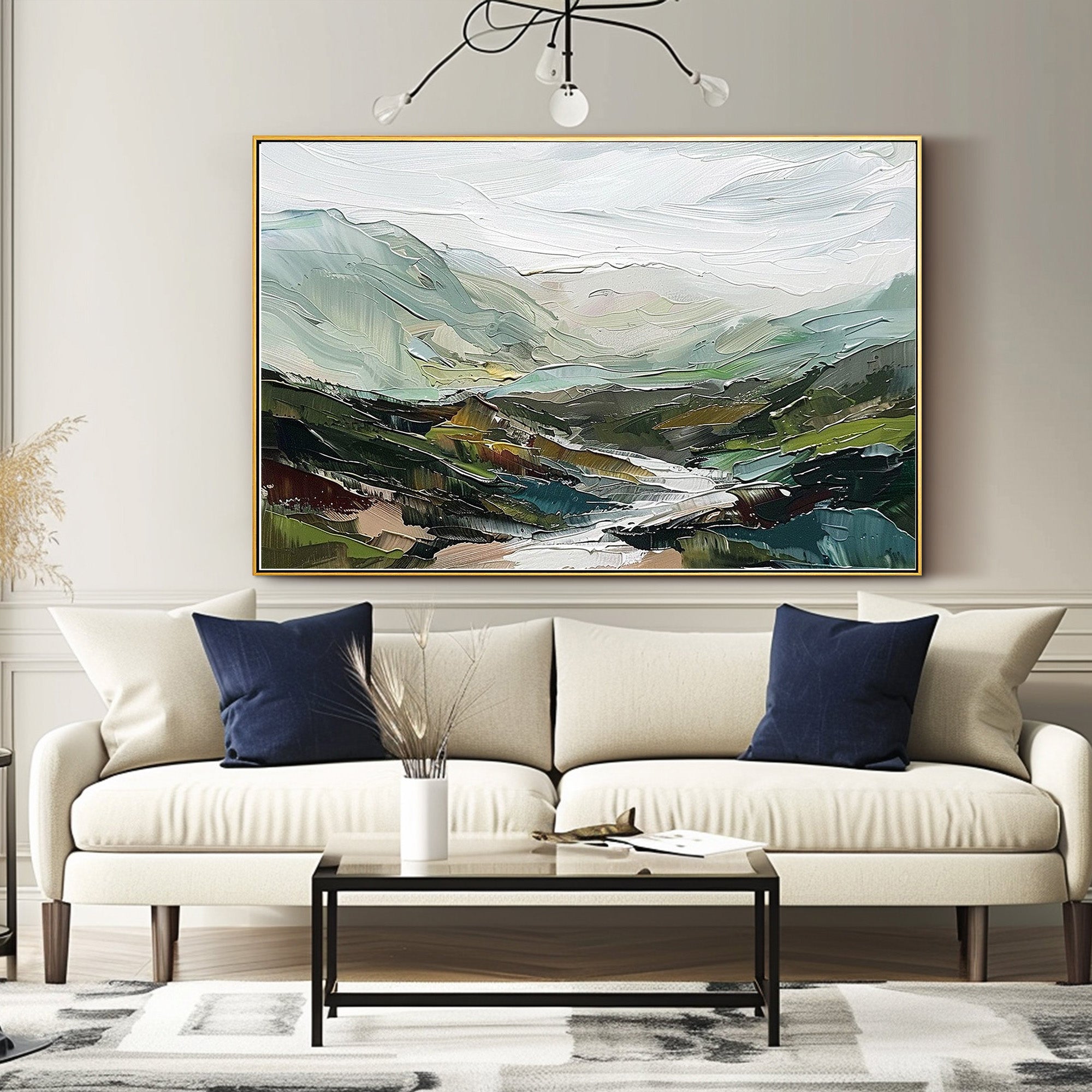 Emerald Valley – Hand-Painted Green Mountain and River Valley Palette Knife Oil Landscape Painting | Contemporary Mountain Living Room & Home Office Art