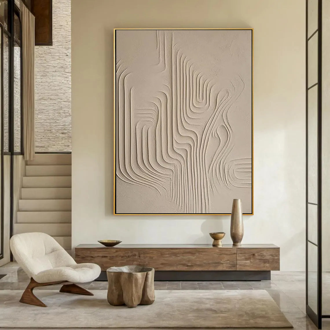Zen Ripple – Hand-Painted Minimalist Beige Plaster Effect Relief Wabi-Sabi Painting | Japandi Organic Wabi-Sabi Living Room & Hallway Art