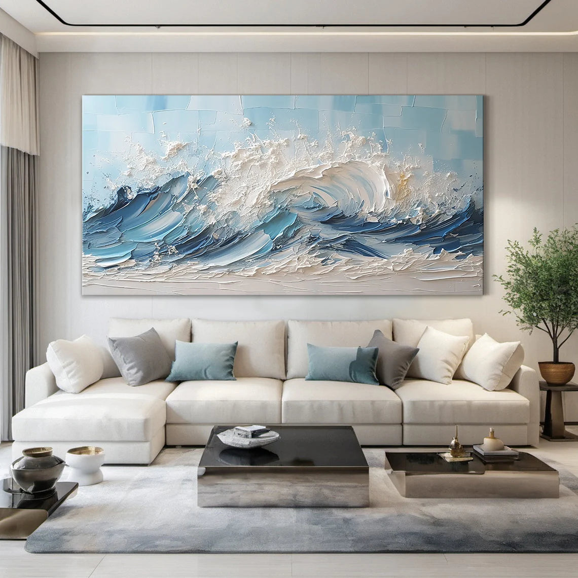 Azure Rage – Hand-Painted Deep Blue Ocean Wave 3D Plaster Effect Seascape Painting | Coastal Modern Living Room & Bedroom Art