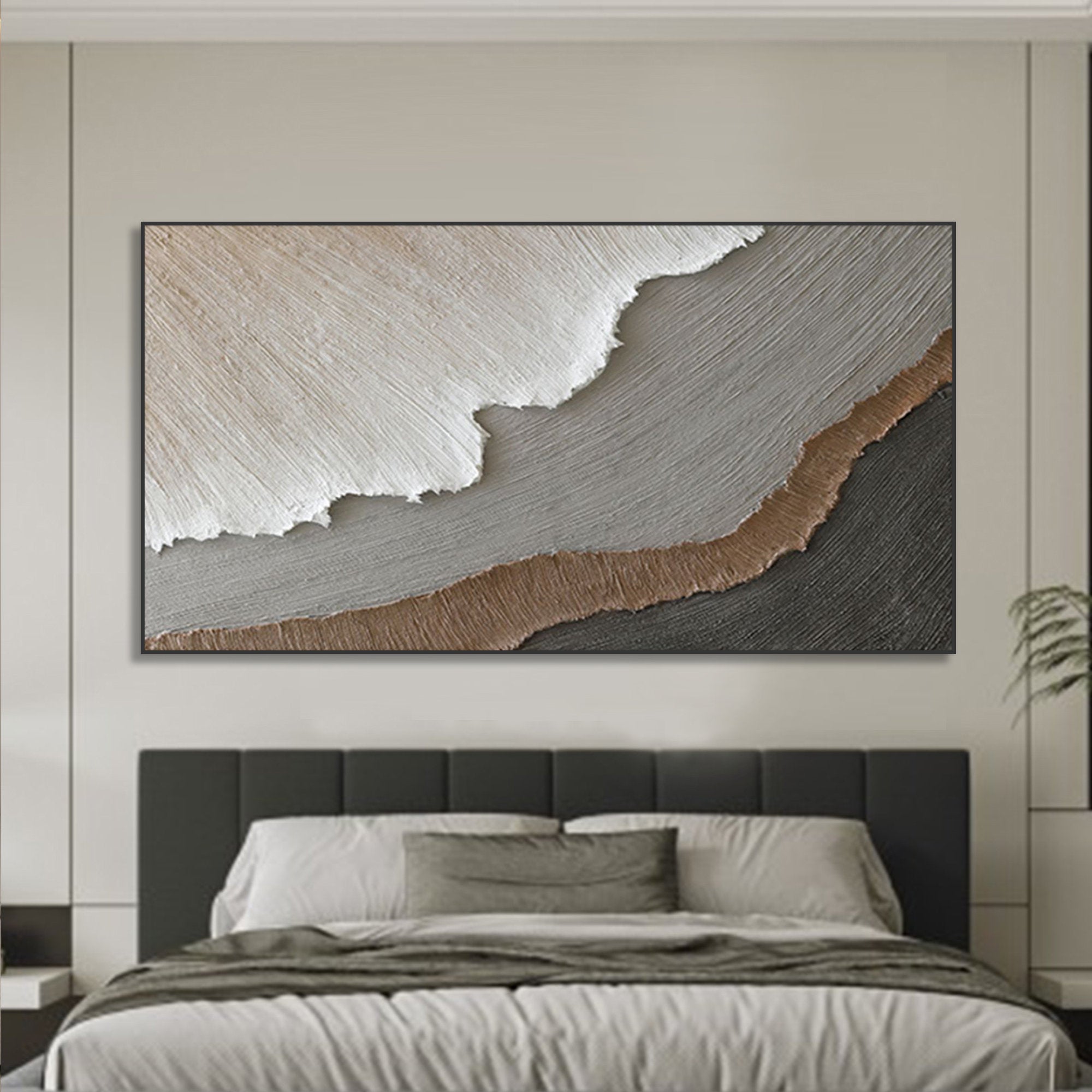 Terrain Strata – Hand-Painted Neutral Grey and Brown 3D Plaster Relief Texture Painting | Japandi Organic Texture Living Room & Bedroom Art