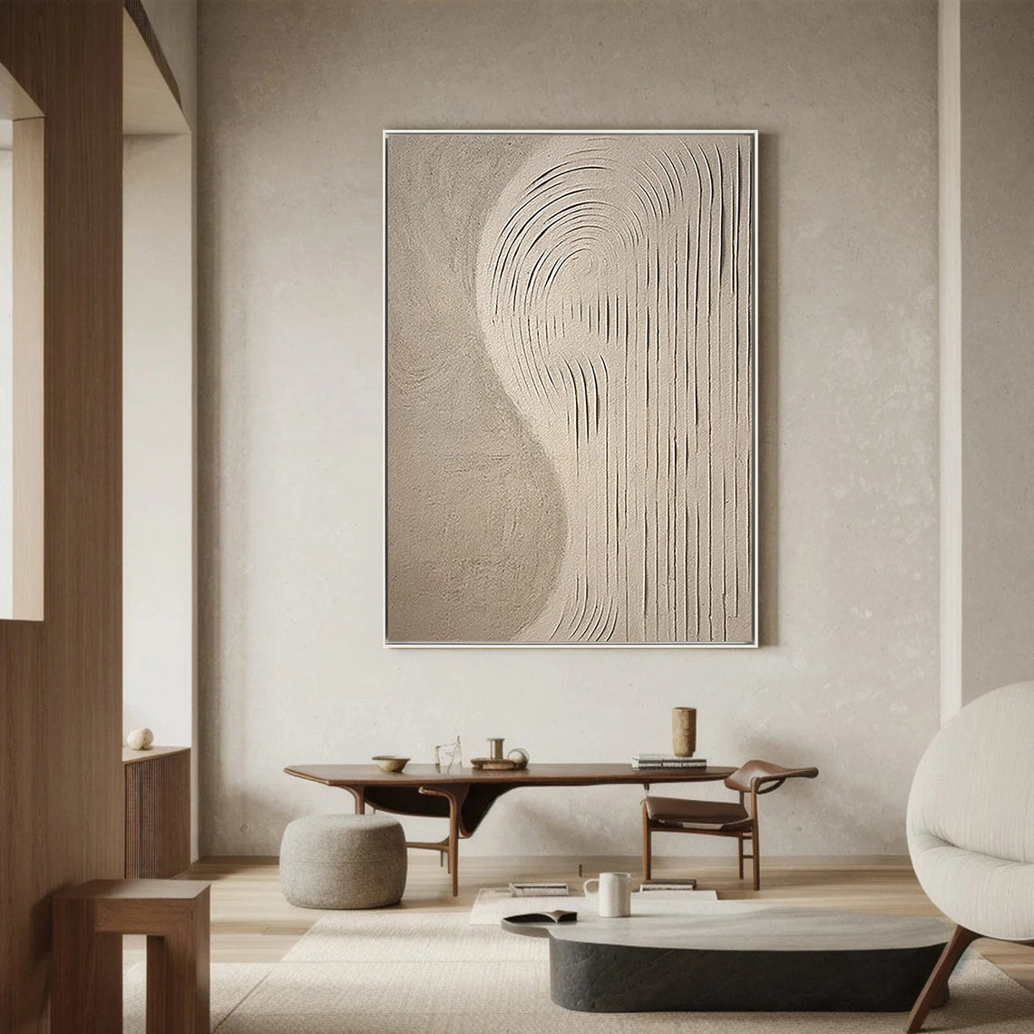 Organic Curve – Hand-Painted Neutral Beige S-Shape Plaster Relief Wabi-Sabi Painting | Japandi Organic Wabi-Sabi Living Room & Hallway Art