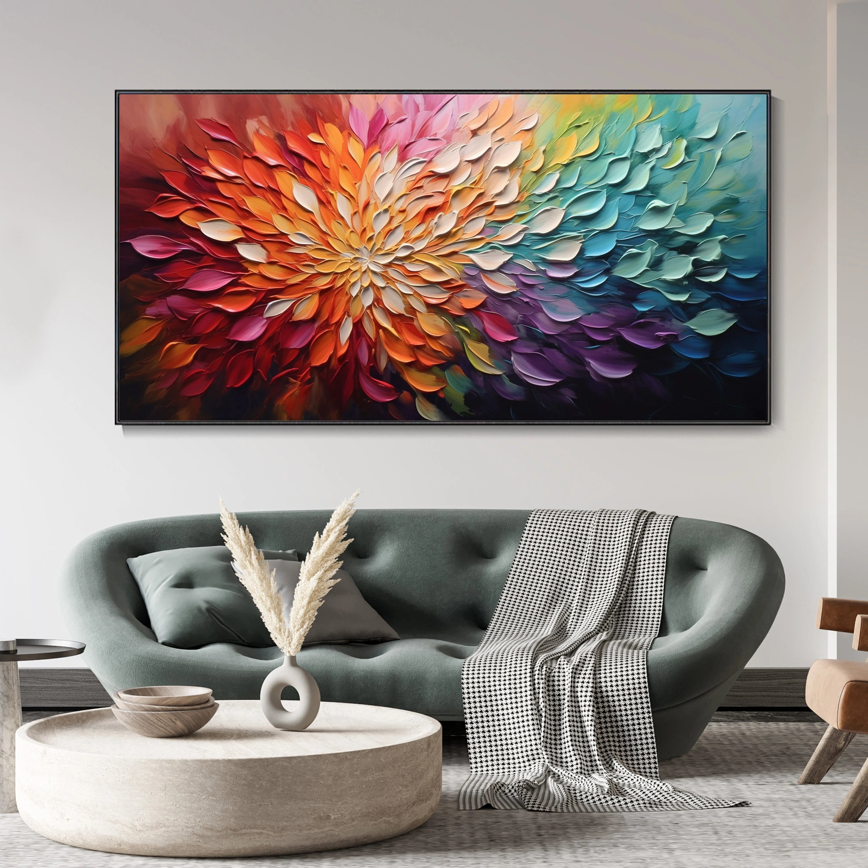 Chrono Bloom – Hand-Painted Multicolored Rainbow Palette Knife 3D Impasto Heavy Texture Oil Abstract Painting | Vibrant Botanical Living Room & Dining Room Art