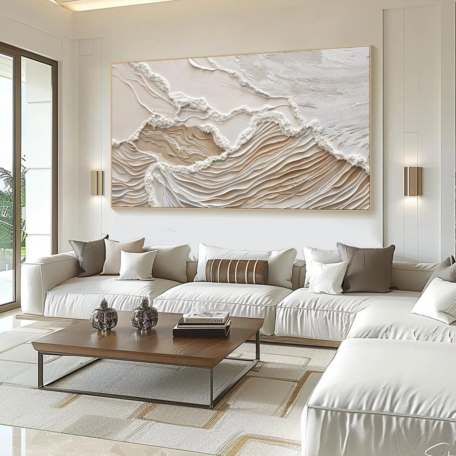 Earthen Strata – Hand-Painted Oatmeal and Tan Linear Plaster Relief Texture Painting | Japandi Organic Wabi-Sabi Living Room & Hallway Art