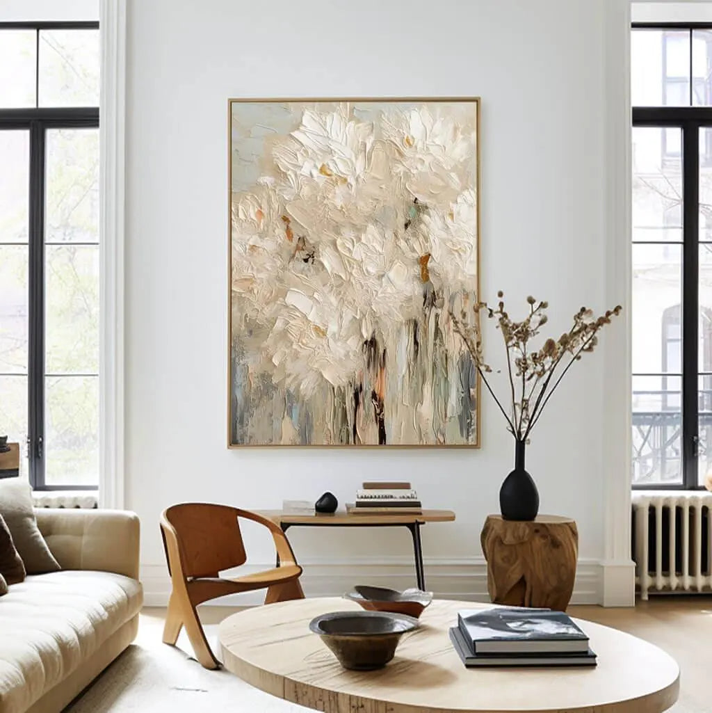 Vanilla Surge – Modern Palette Knife Floral Relief Floral Painting | Contemporary Botanical Bedroom & Living Room Art