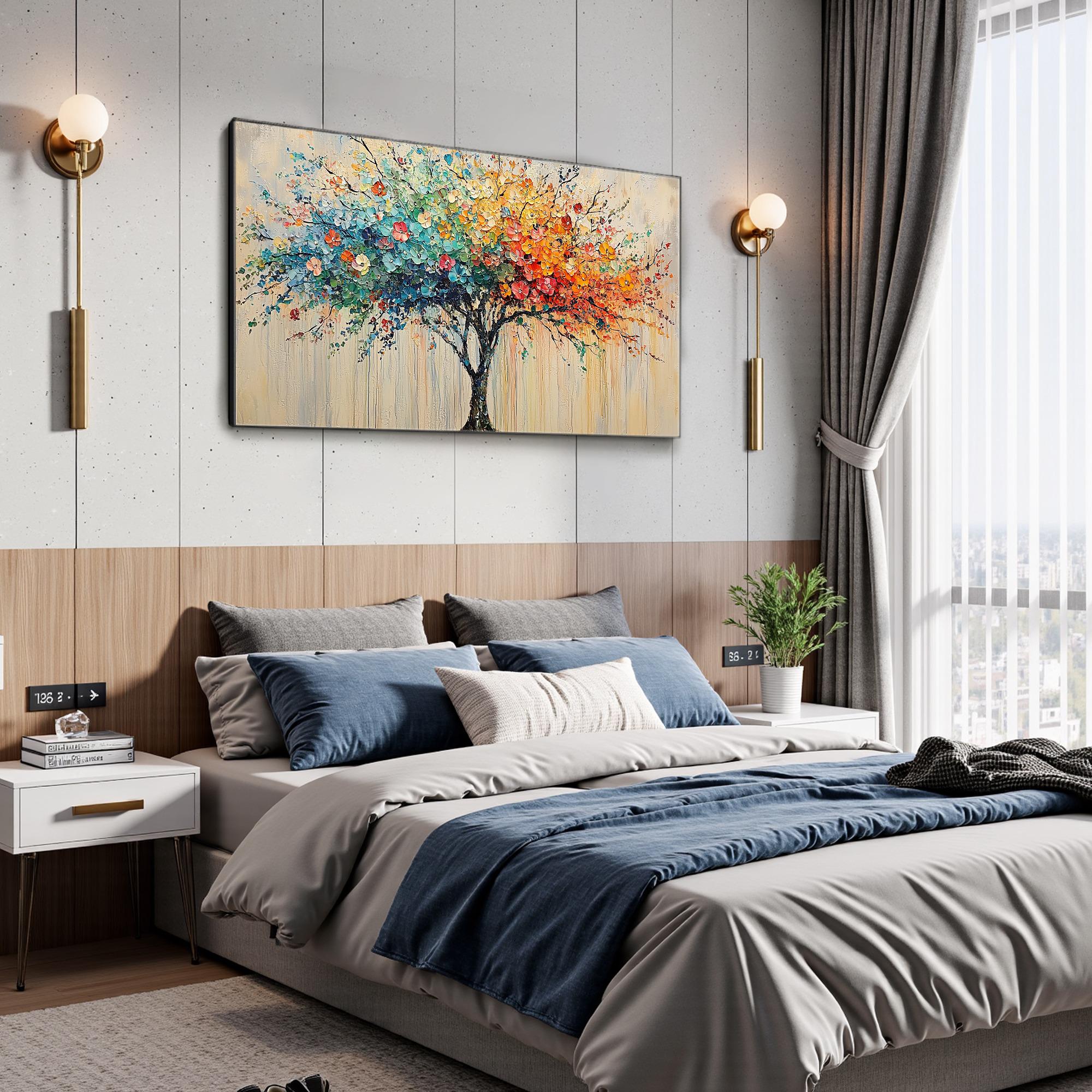 Colorful Harmony – Vibrant Dot-style Landscape Panoramic Painting | Contemporary Landscape Living Room & Dining Room Art