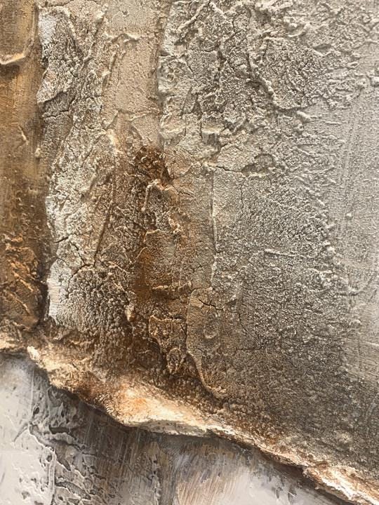 ARCTIC STRATA: Texture Wall Art, Hand-Painted Off-White and Metallic Gold Plaster Relief Heavy Texture Canvas Painting