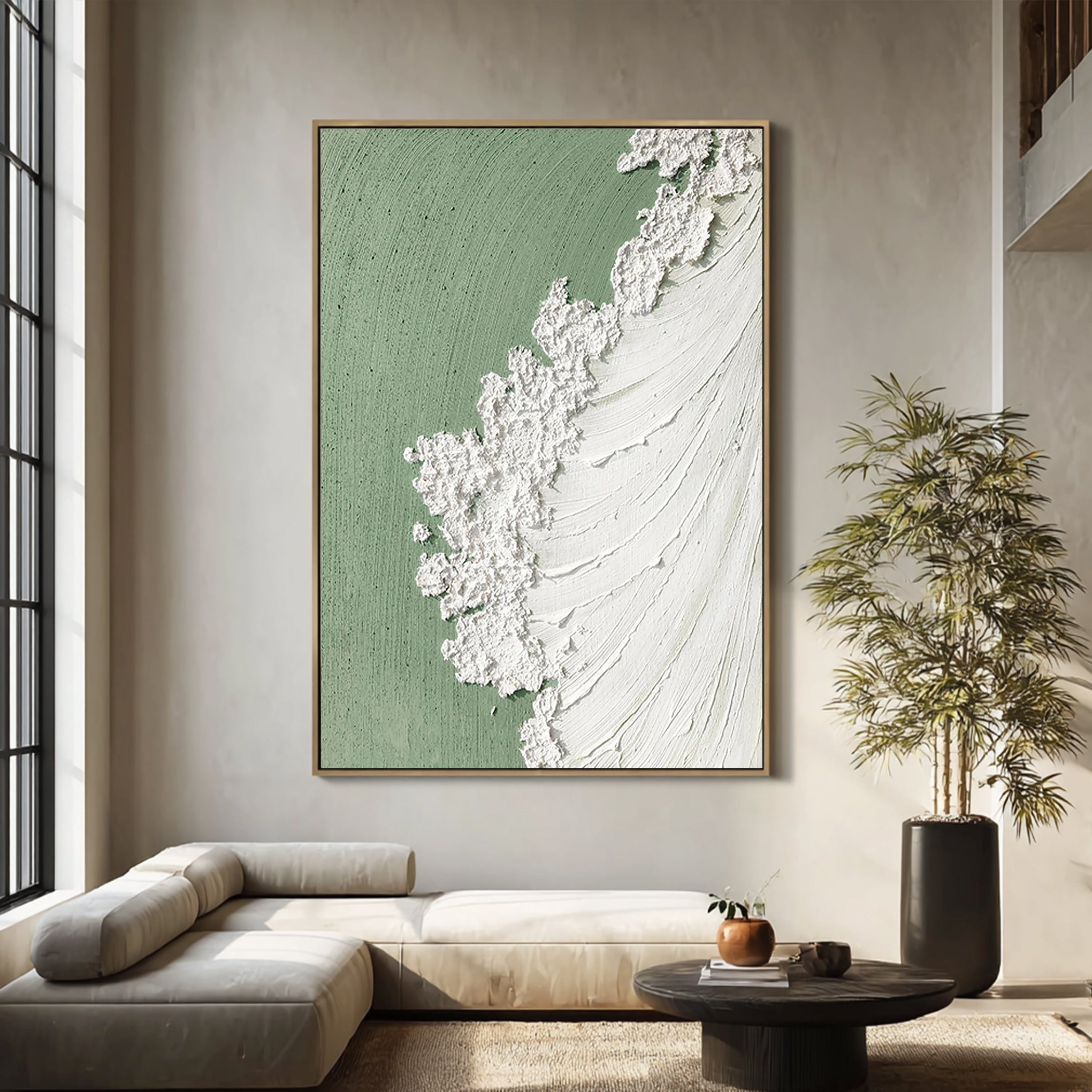 Sage Foam – Heavy Texture Ocean Wave Painting | Wabi-sabi Sage Green Abstract Hallway Art