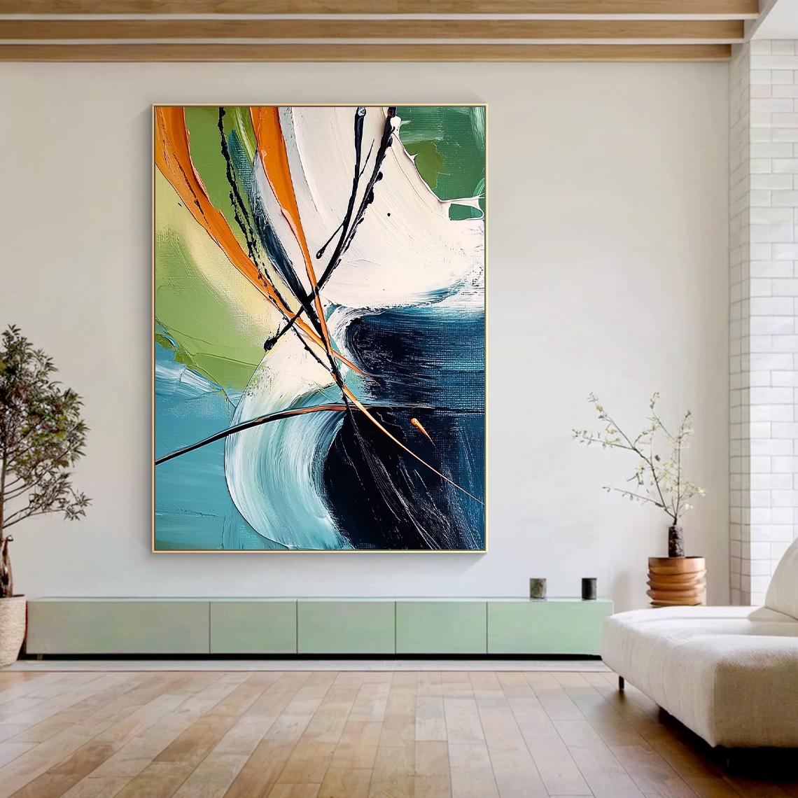 Urban Rhythm – Hand-Painted Modern Teal and Orange Large Brushstroke Abstract Painting | Modern Abstract Living Room & Office Art