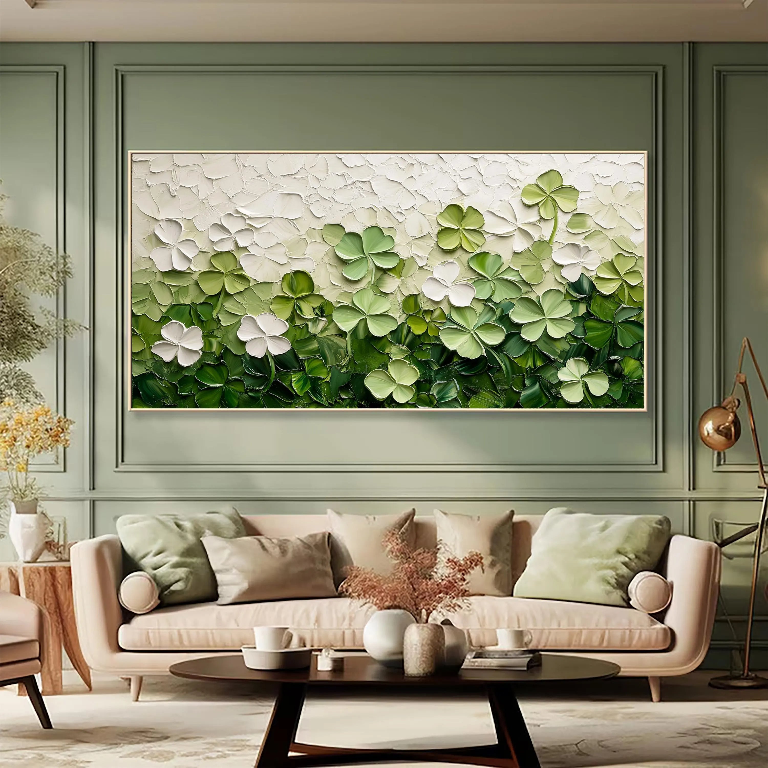 Lucky Meadow – Hand-Painted Green Clover Field Palette Knife Layered Floral Painting | Tropical Botanical Bedroom & Dining Room Art