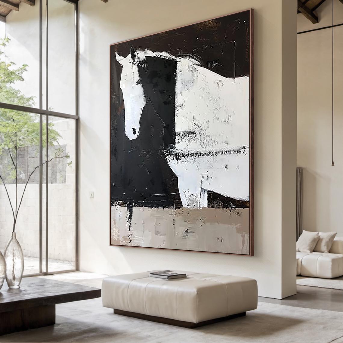 Silent Solitude – Modern Minimalist Black and White Horse Painting | Contemporary Textured Living Room  Art