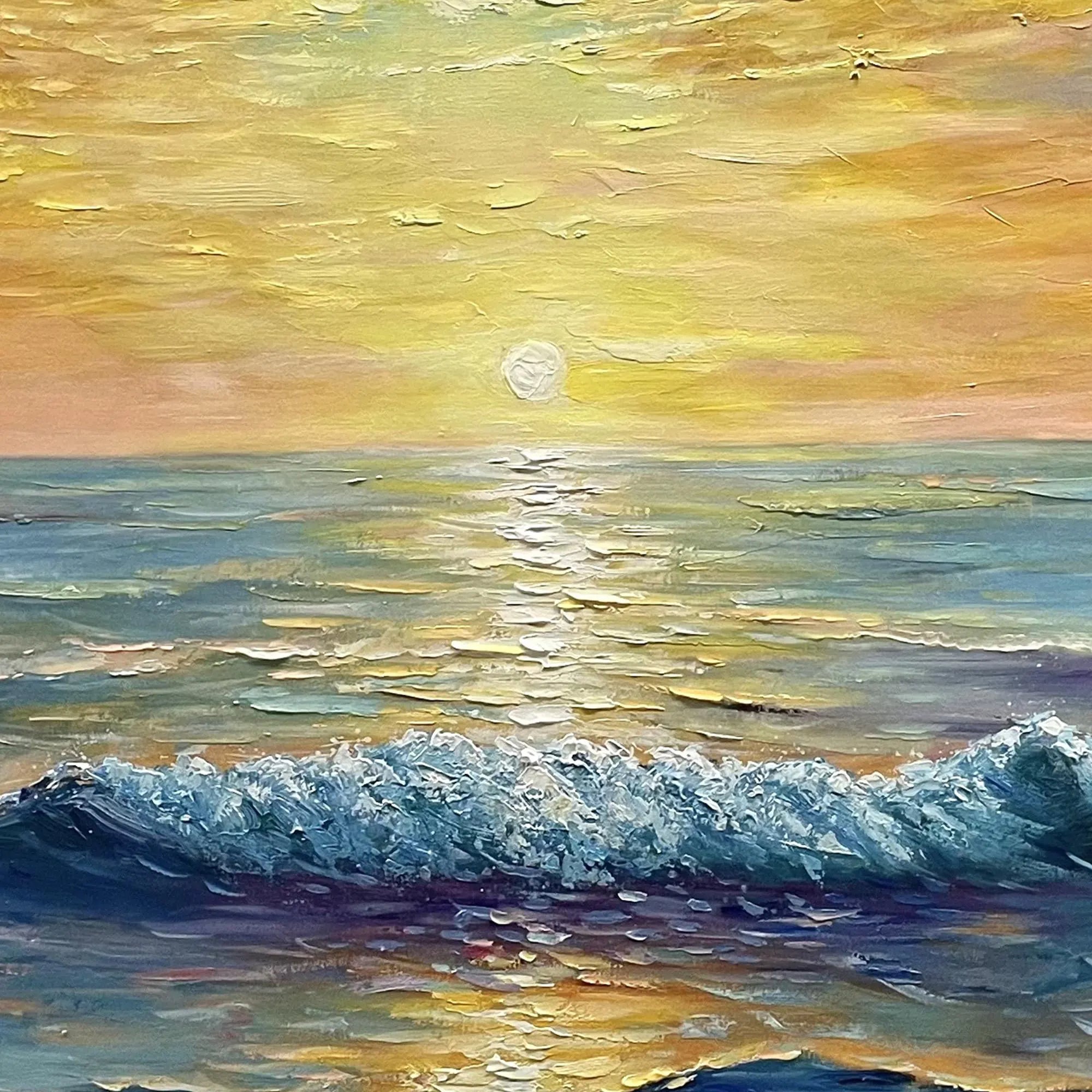 Golden Horizon – Ocean Sunset Wave Heavy Texture Hand-Painted Impressionist Seascape Painting | Coastal Modern Living Room & Bedroom Art