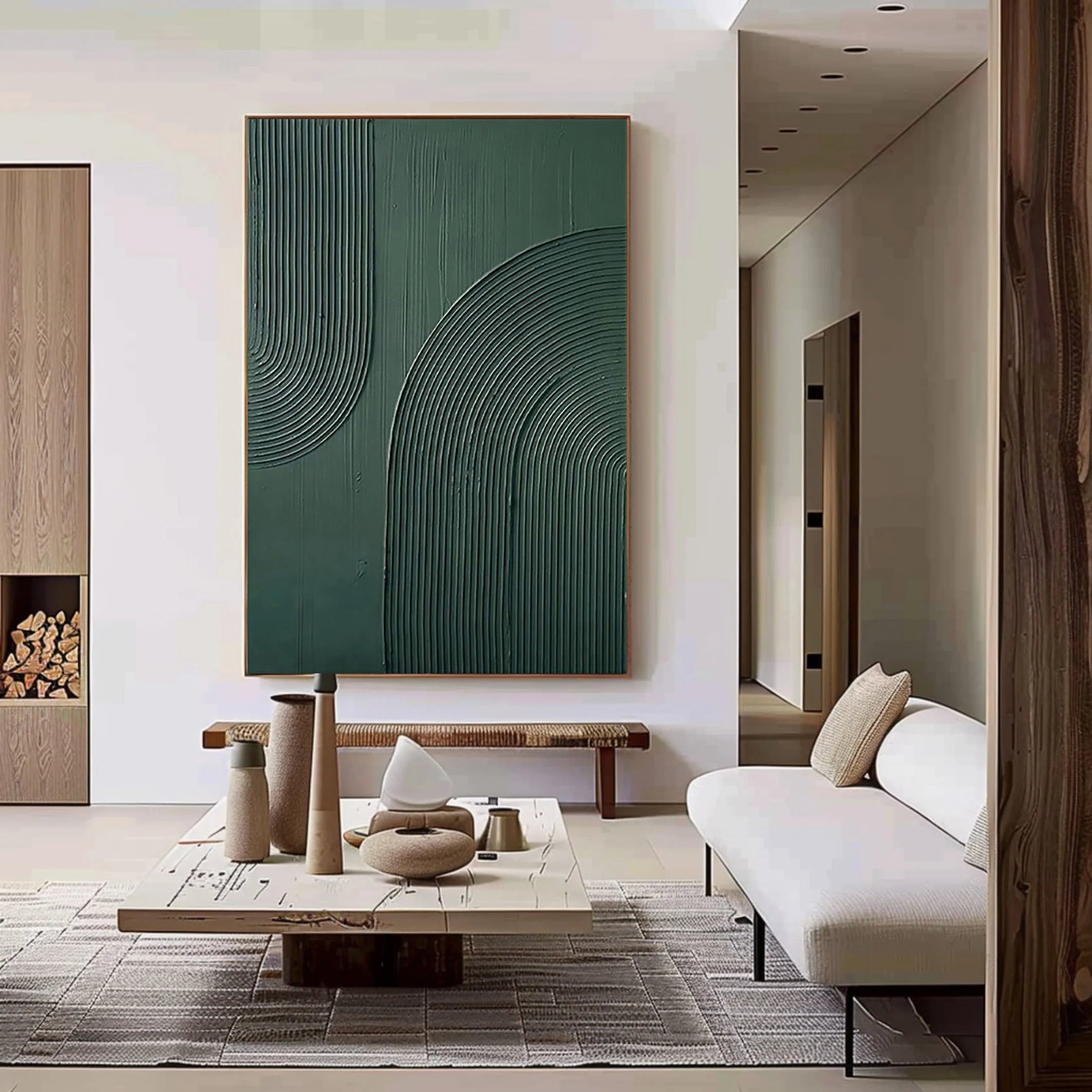 Archway Rhythm – Hand-Painted Sage Green Geometric Arch Line Relief Wabi-Sabi Painting | Japandi Wabi-Sabi Living Room & Bedroom Art