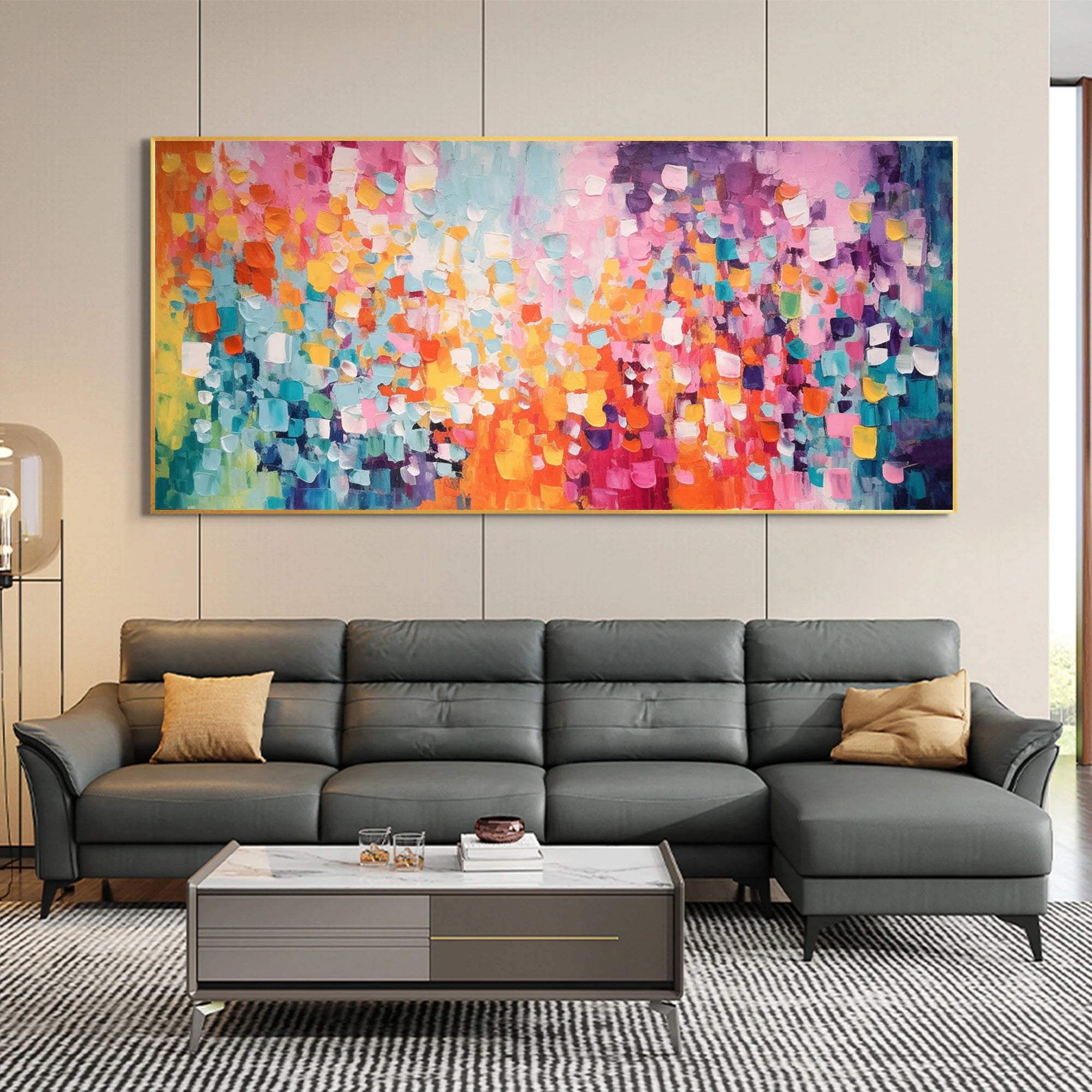 Prism Flow – Hand-Painted Multicolored Palette Knife Mosaic Style Heavy Texture Oil Abstract Painting | Bold Abstract Palette Knife Living Room Art