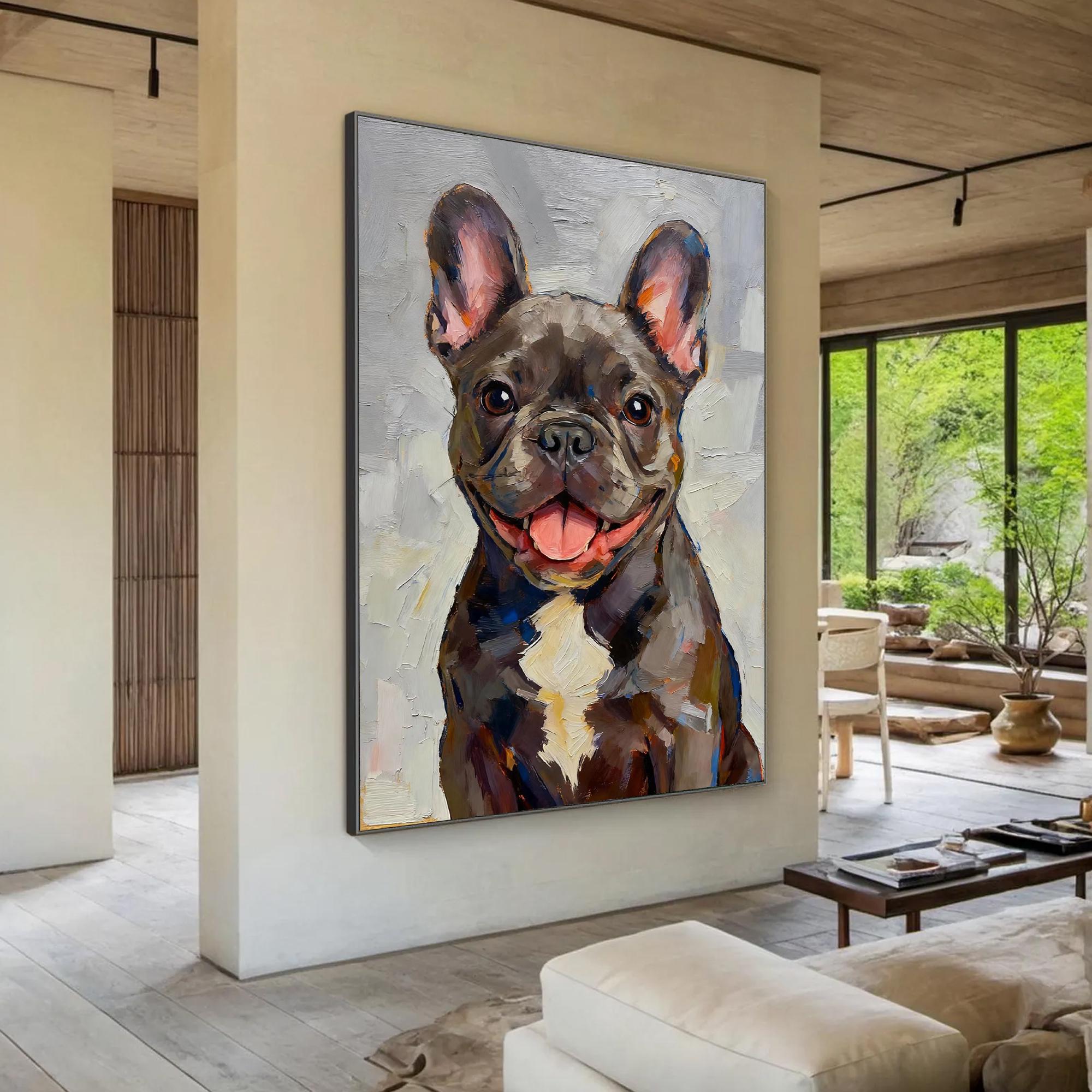The Joyful Frenchie – Modern Impasto French Bulldog Texture Painting | Vibrant Living Room Art