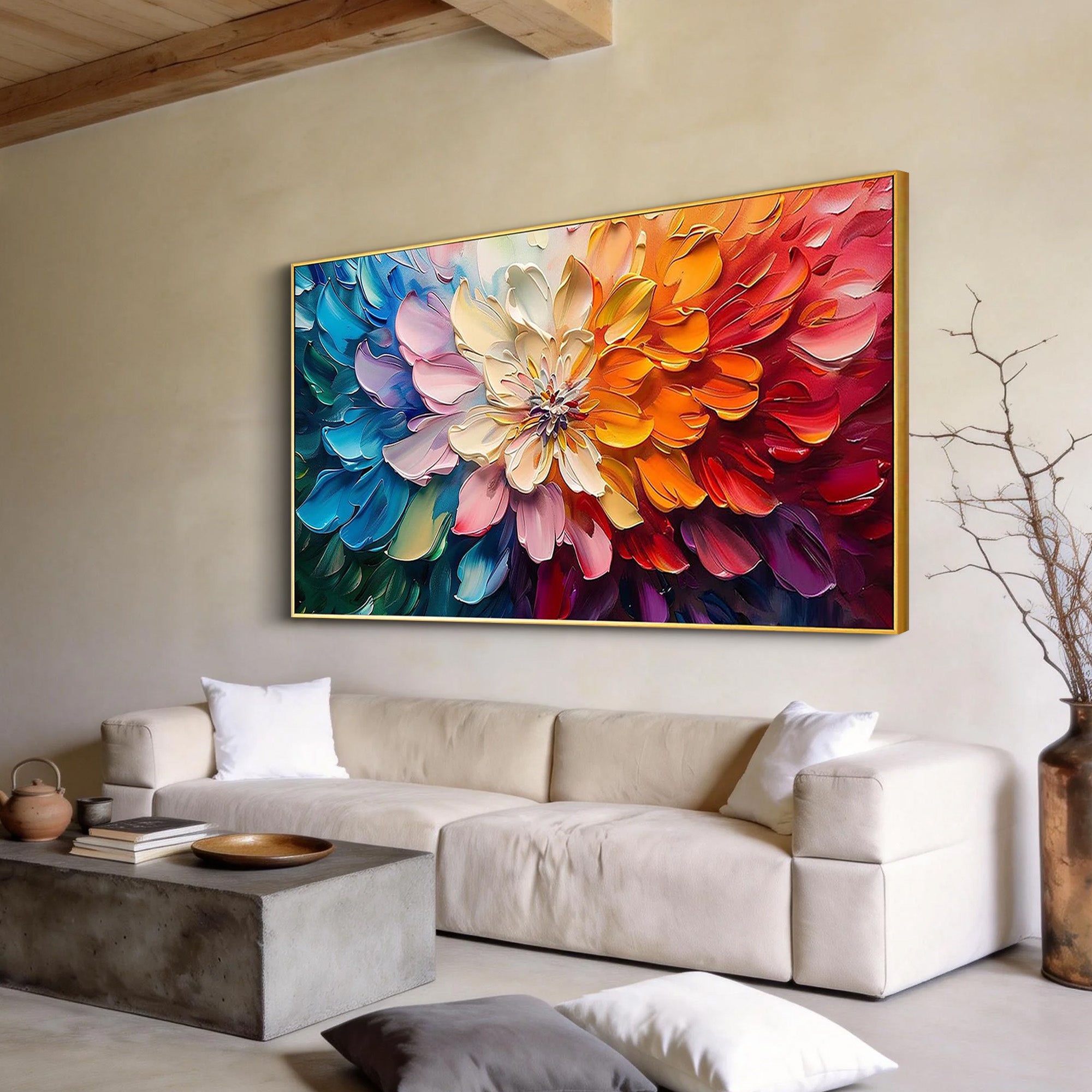 Spectrum Bloom – Hand-Painted Multicolored 3D Impasto Flower Heavy Texture Oil Floral Painting | Vibrant Botanical Living Room & Dining Room Art
