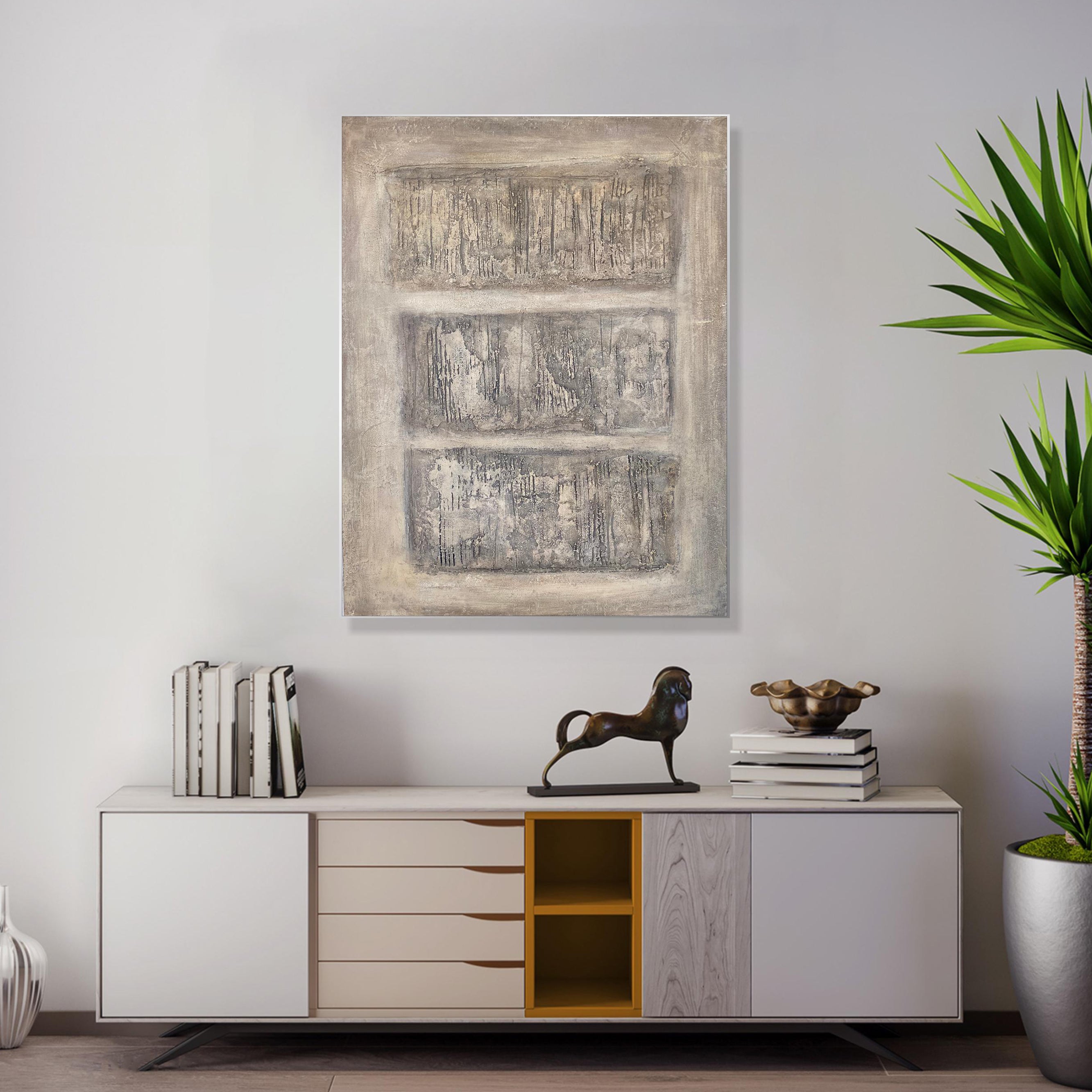 Neutral Vestige – Hand-Painted Beige Three-Panel Relief Plaster Effect Wabi-Sabi Painting | Japandi Organic Wabi-Sabi Living Room & Hallway Art
