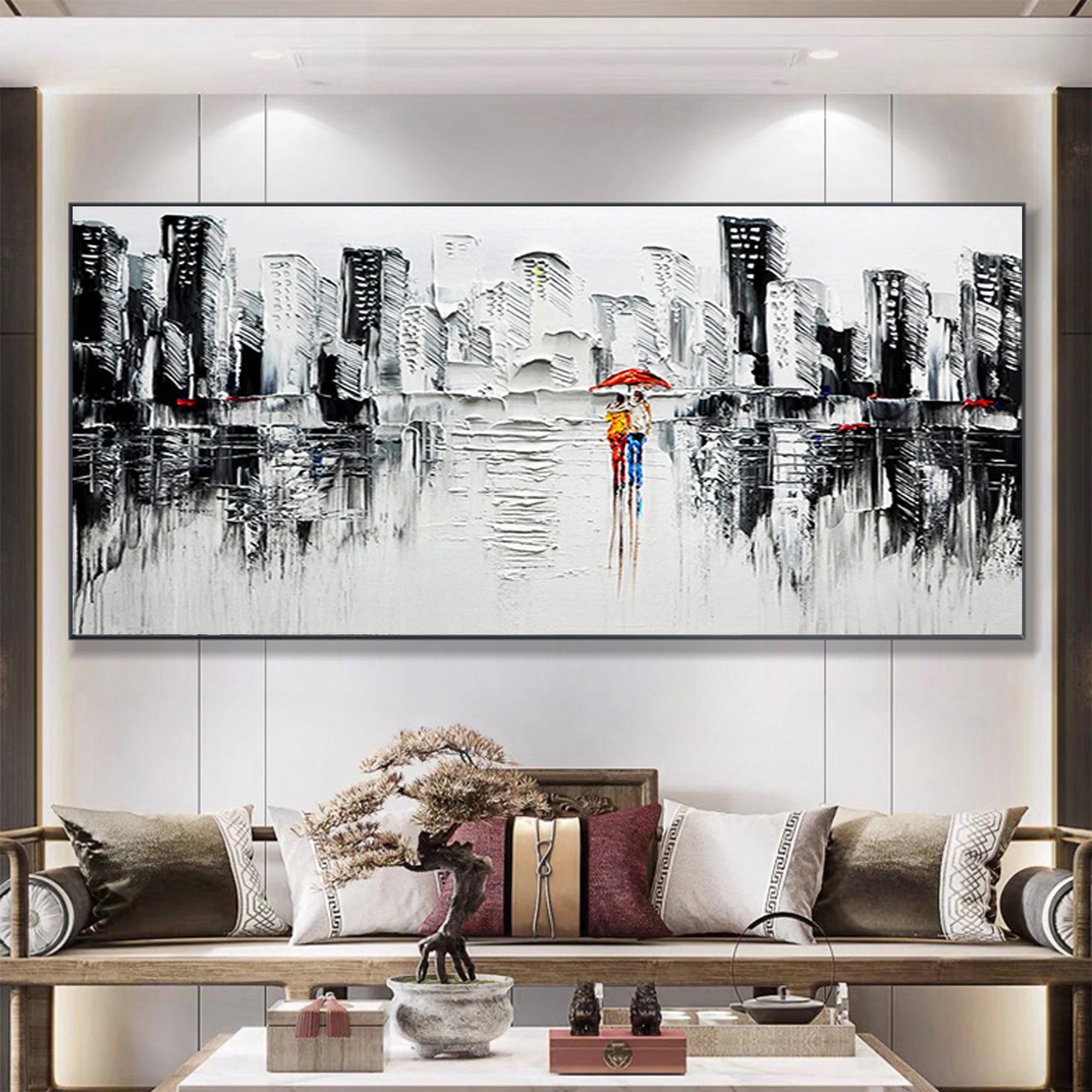Rainy Romance – Hand-Painted Black and White Skyline Palette Knife Red Umbrella Textured Oil Cityscape Painting | Modern Noir Portrait Living Room & Hotel Art