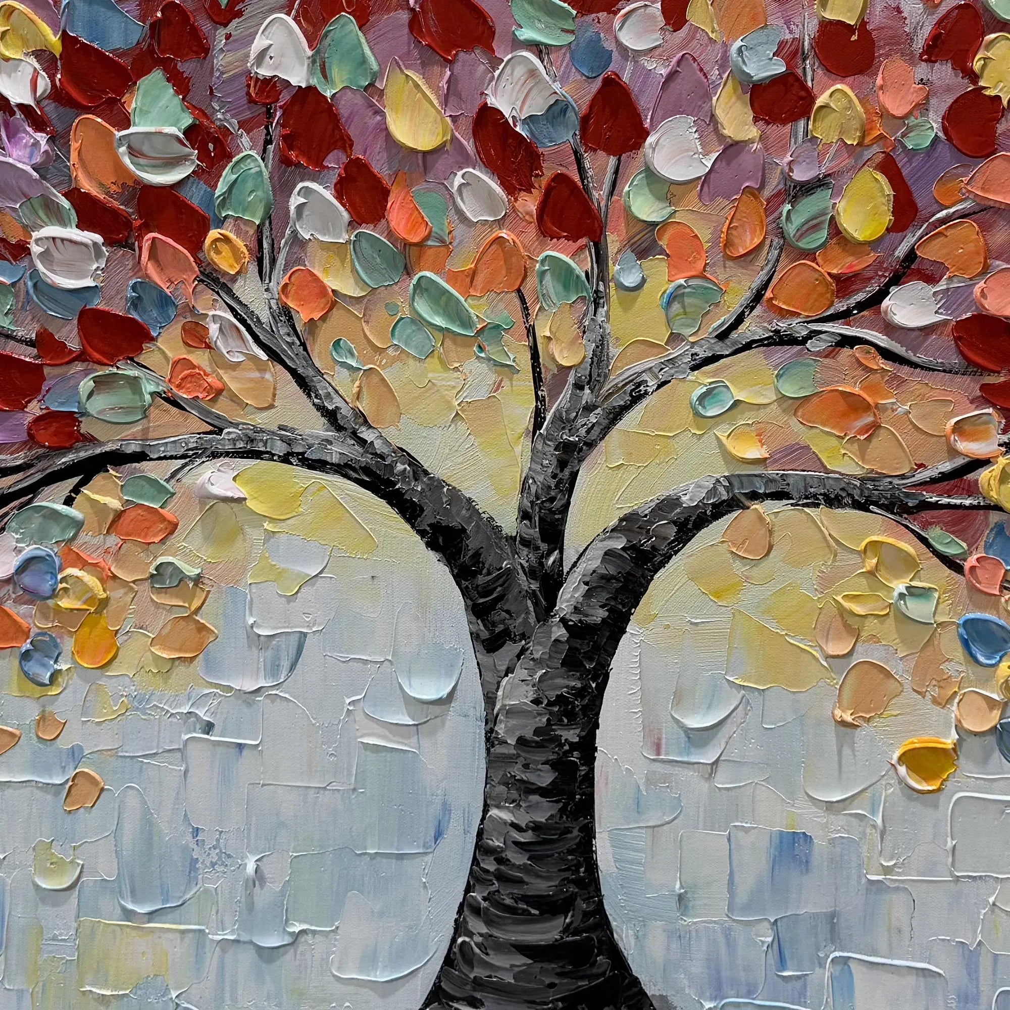 Rainbow Canopy – Modern Impasto Tree of Life Oil Painting | Vibrant Textured Panorama Living Room Art