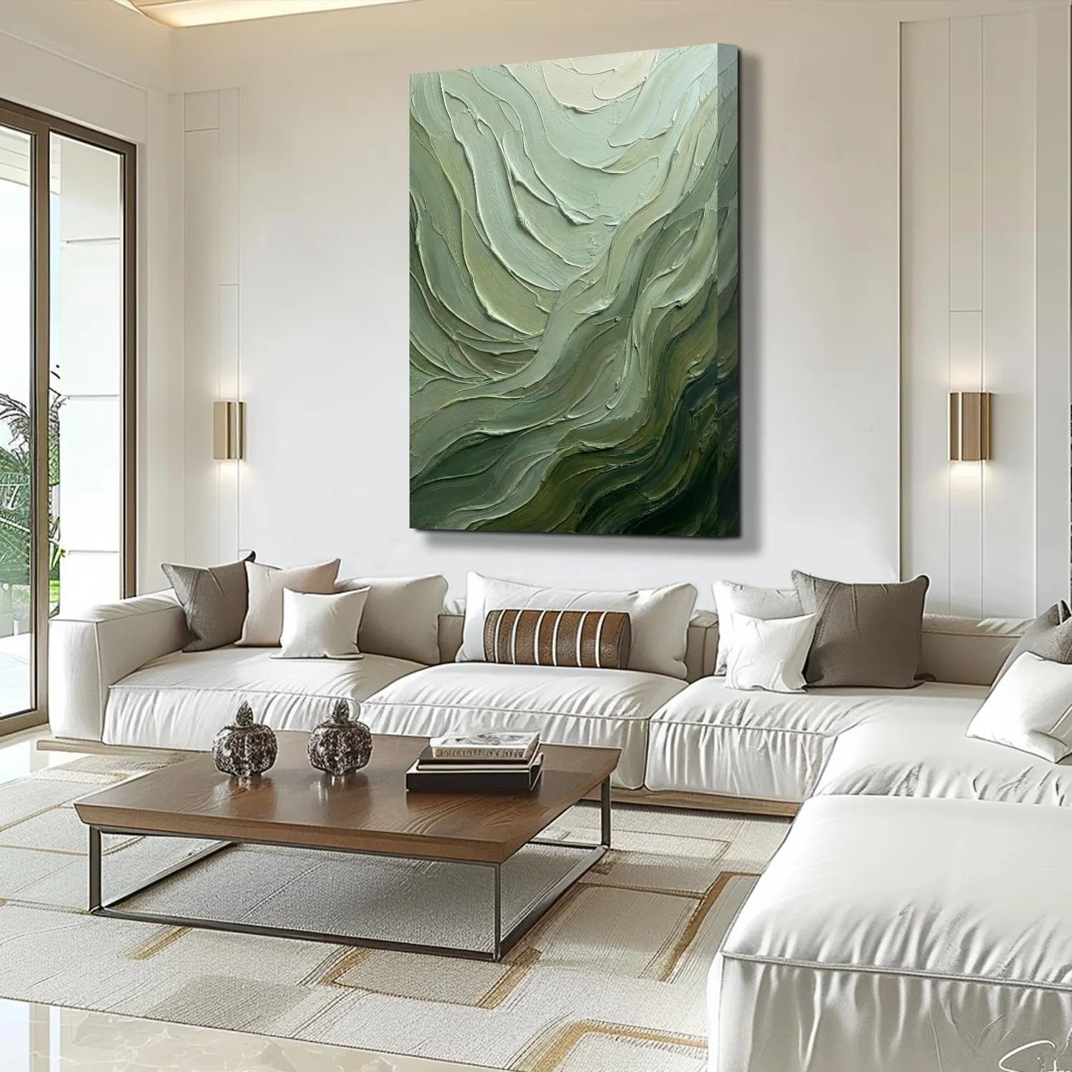 Verdant Flow – Hand-Painted Sage Green and Olive Wave Palette Knife Texture Painting | Modern Abstract Living Room & Office Art