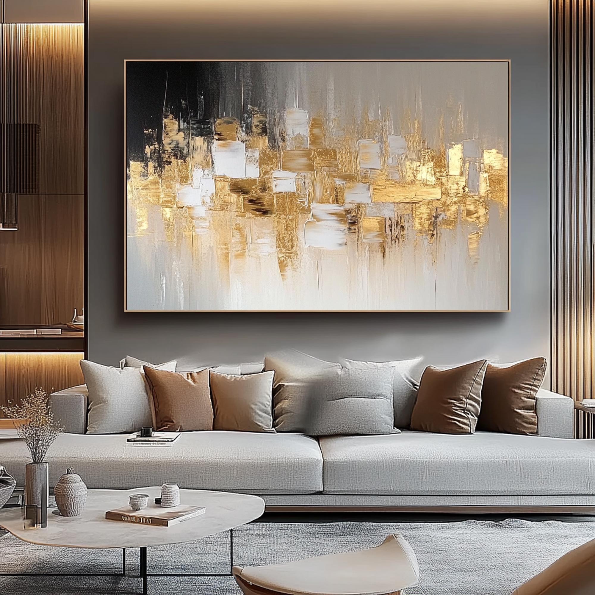 Golden Skyline – Luxury Abstract Urban Landscape Painting | Large Horizontal Impasto Living Room Art