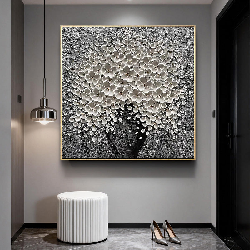 STELLAR BLOOM: Modern Square 3D Heavy Texture Floral Wall Art, White Petal Relief on Silver Plaster