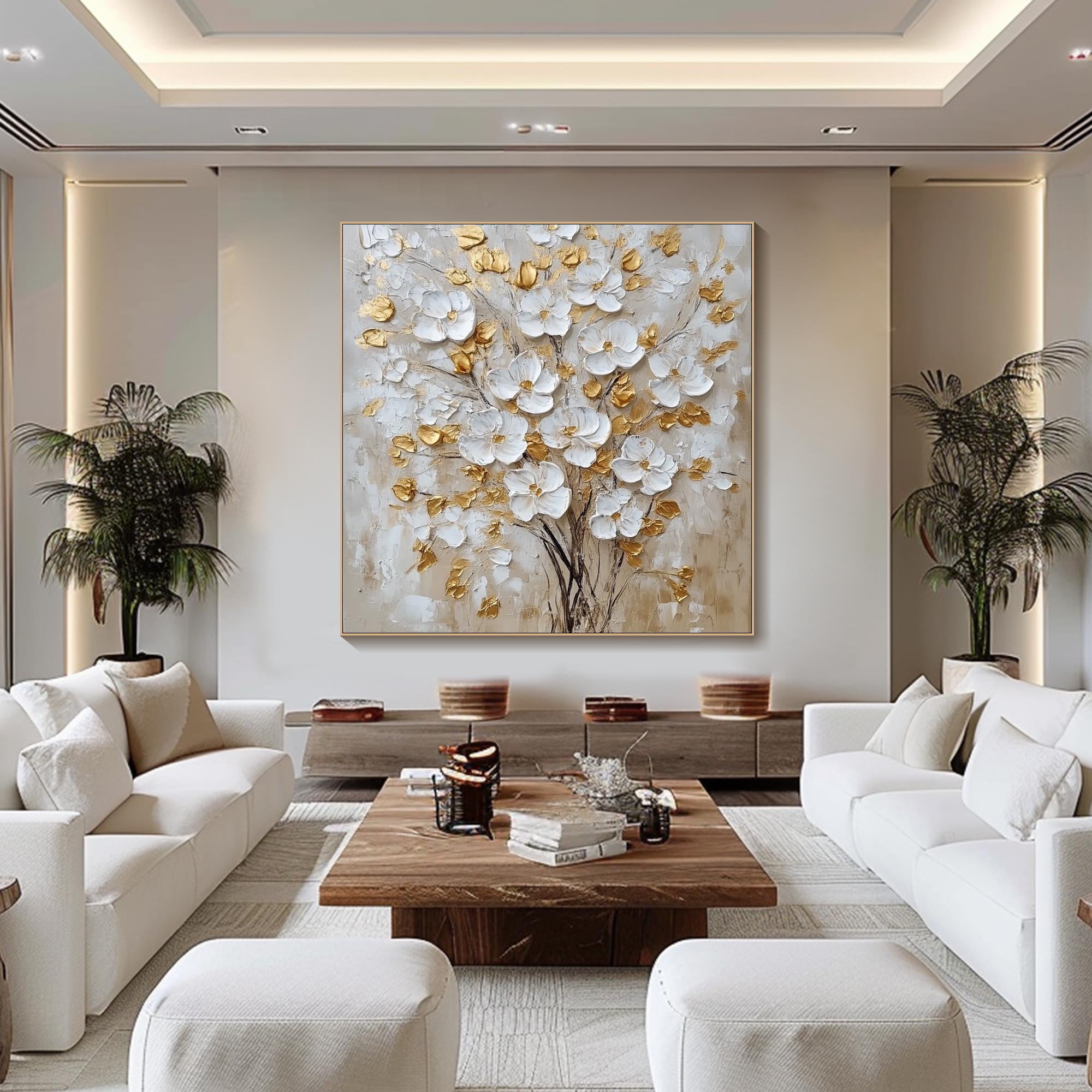 Golden Bloom – Hand-Painted White and Gold Foil 3D Relief Plaster Effect Floral Painting | Modern Luxury Botanical Bedroom & Living Room Art