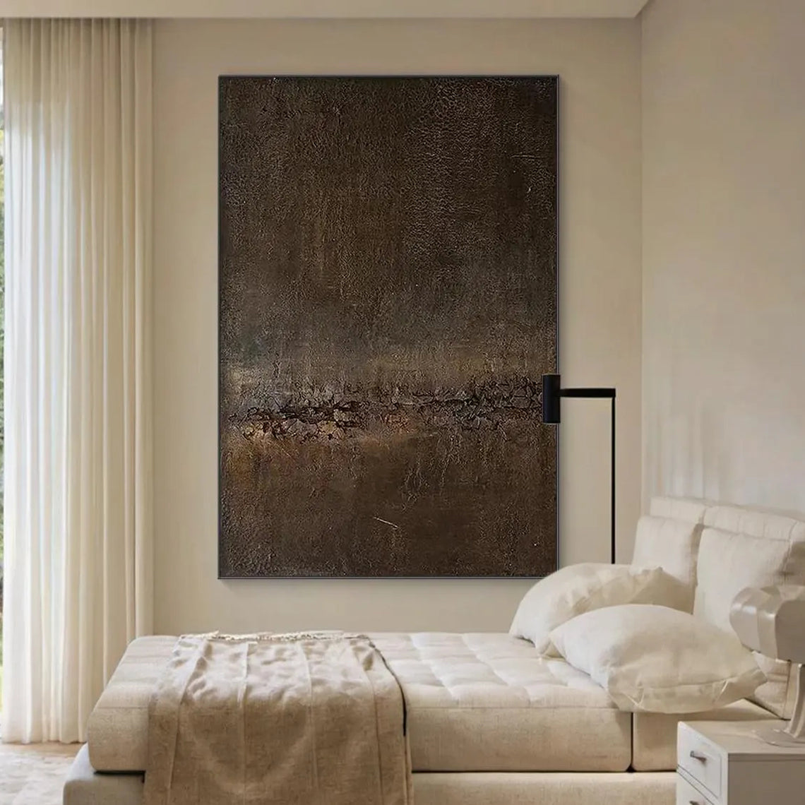Dark Earth – Minimalist Deep Brown Grained Texture Hand-Painted Abstract Wabi-Sabi Painting | Japandi Wabi-Sabi Living Room & Bedroom Art