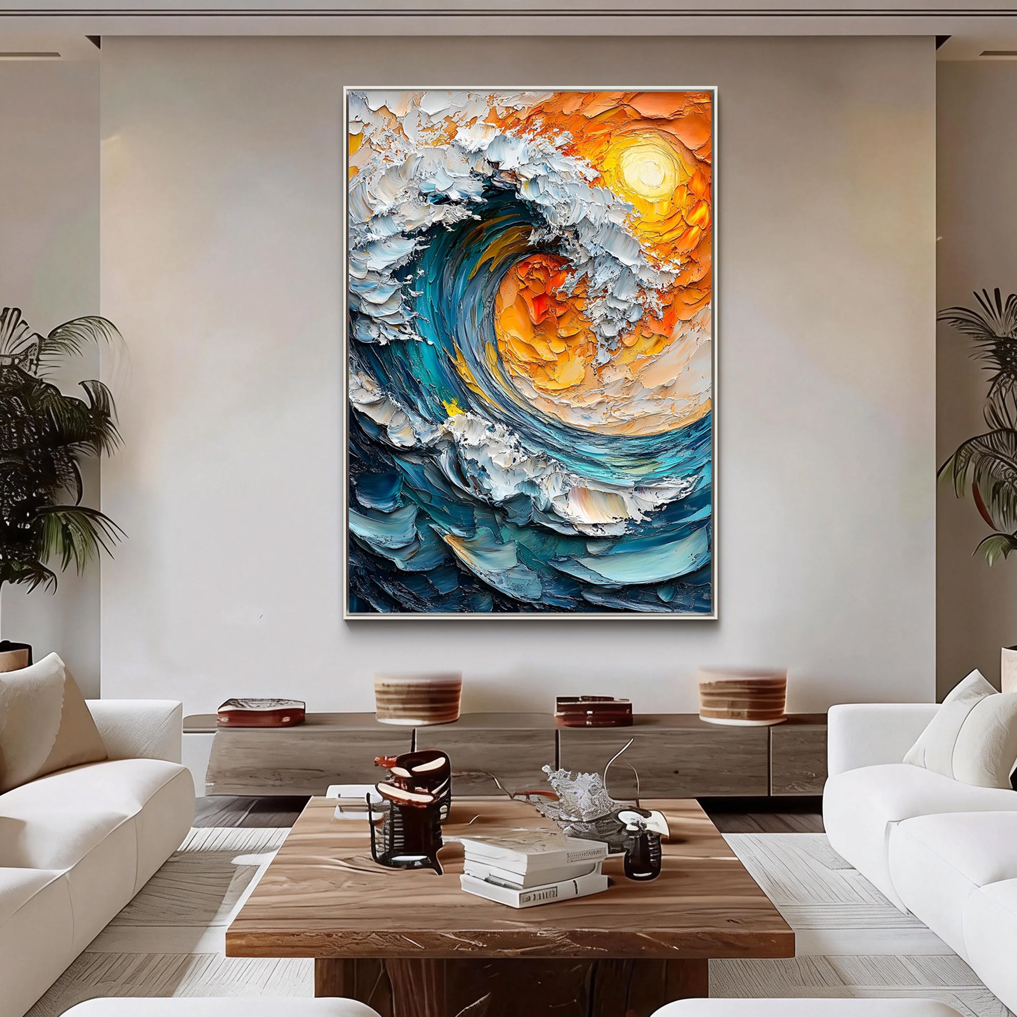 Solar Wave – Hand-Painted Sunset Orange and Teal Blue 3D Palette Knife Nature Painting | Modern Abstract Living Room & Office Art