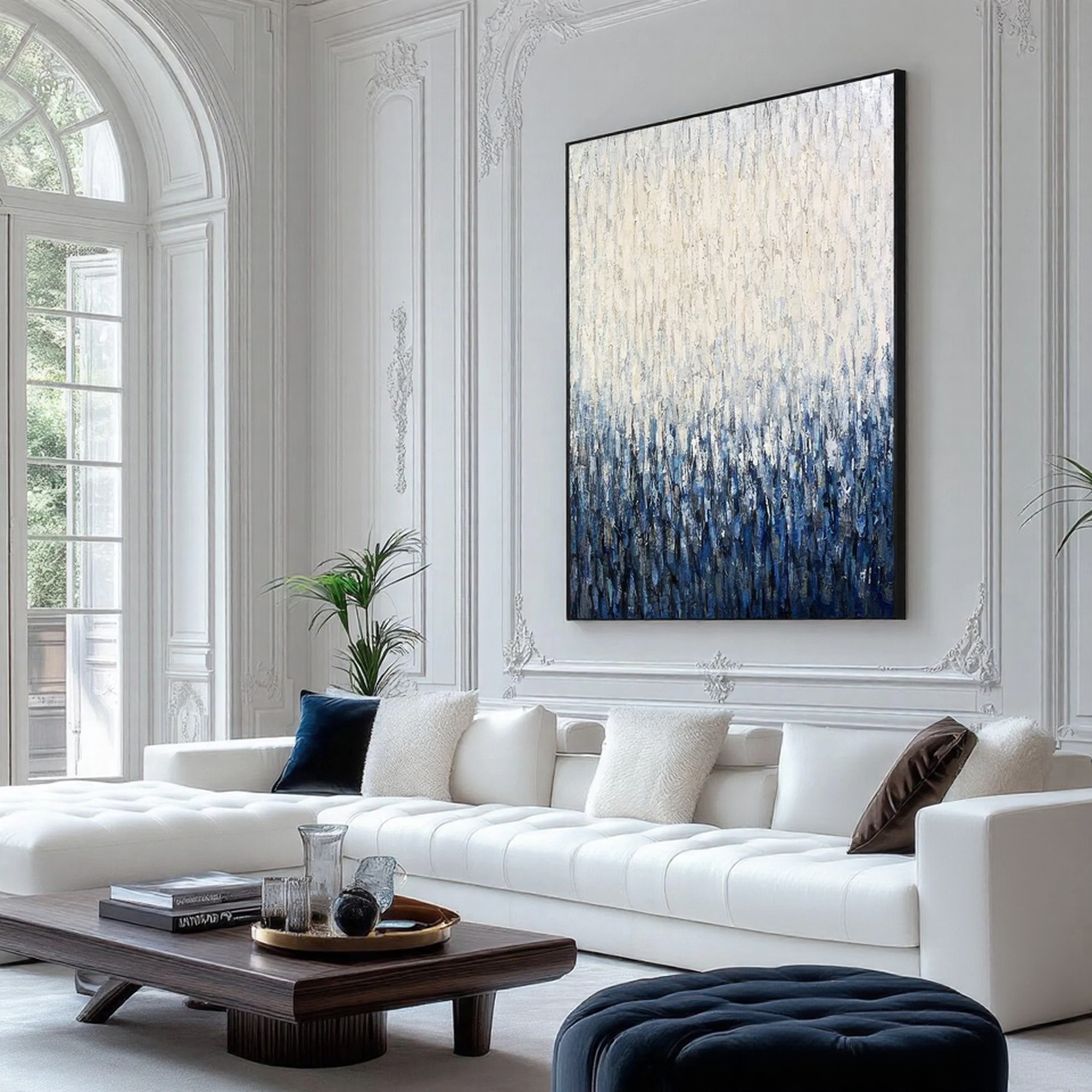 Azure Rain – 3D Heavy Texture Blue & White Pointillism Relief Abstract Painting | Modern Abstract Living Room & Office Art