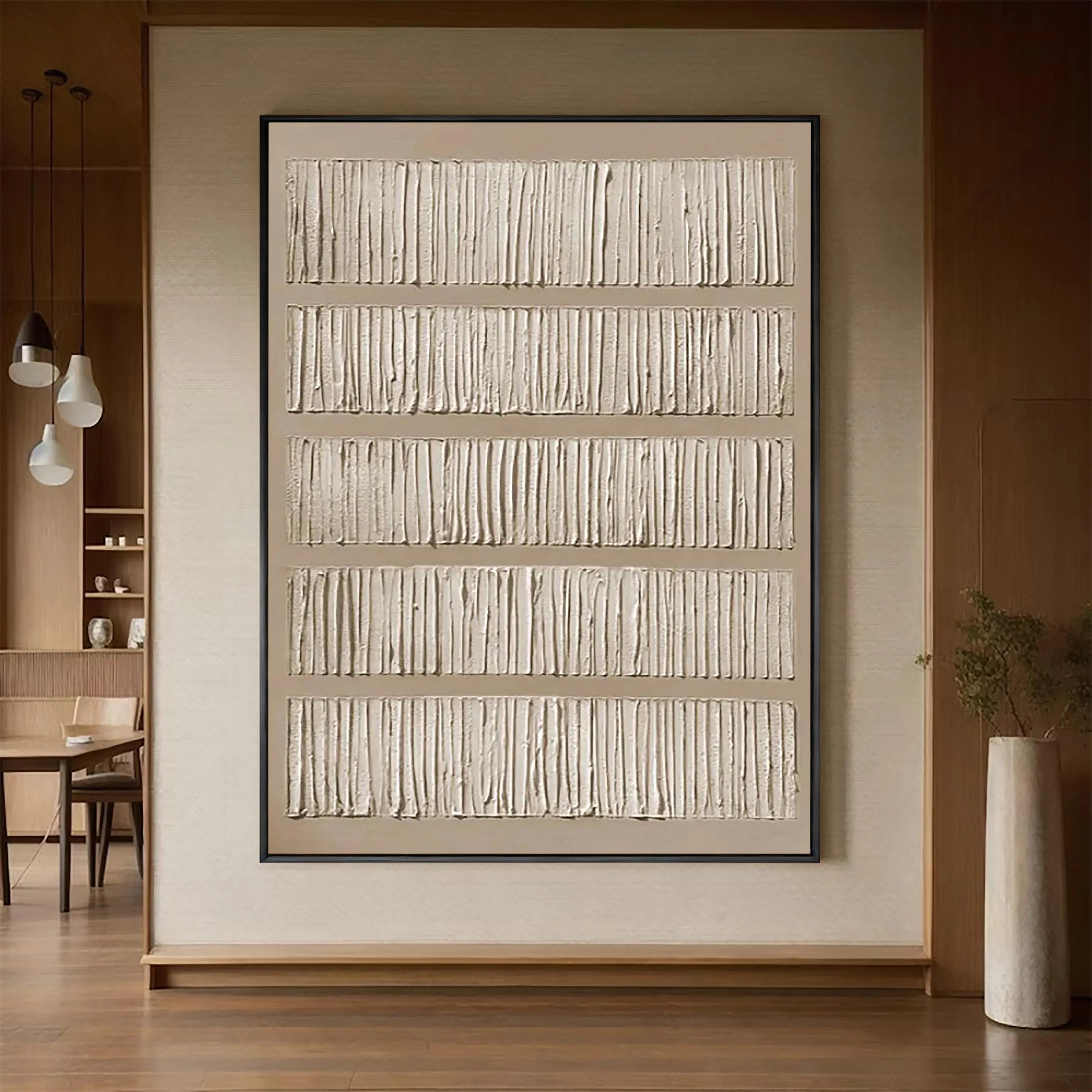 Linear Rhythm – Hand-Painted Neutral Tone Line Plaster Relief Texture Painting | Japandi Organic Texture Living Room & Bedroom Art