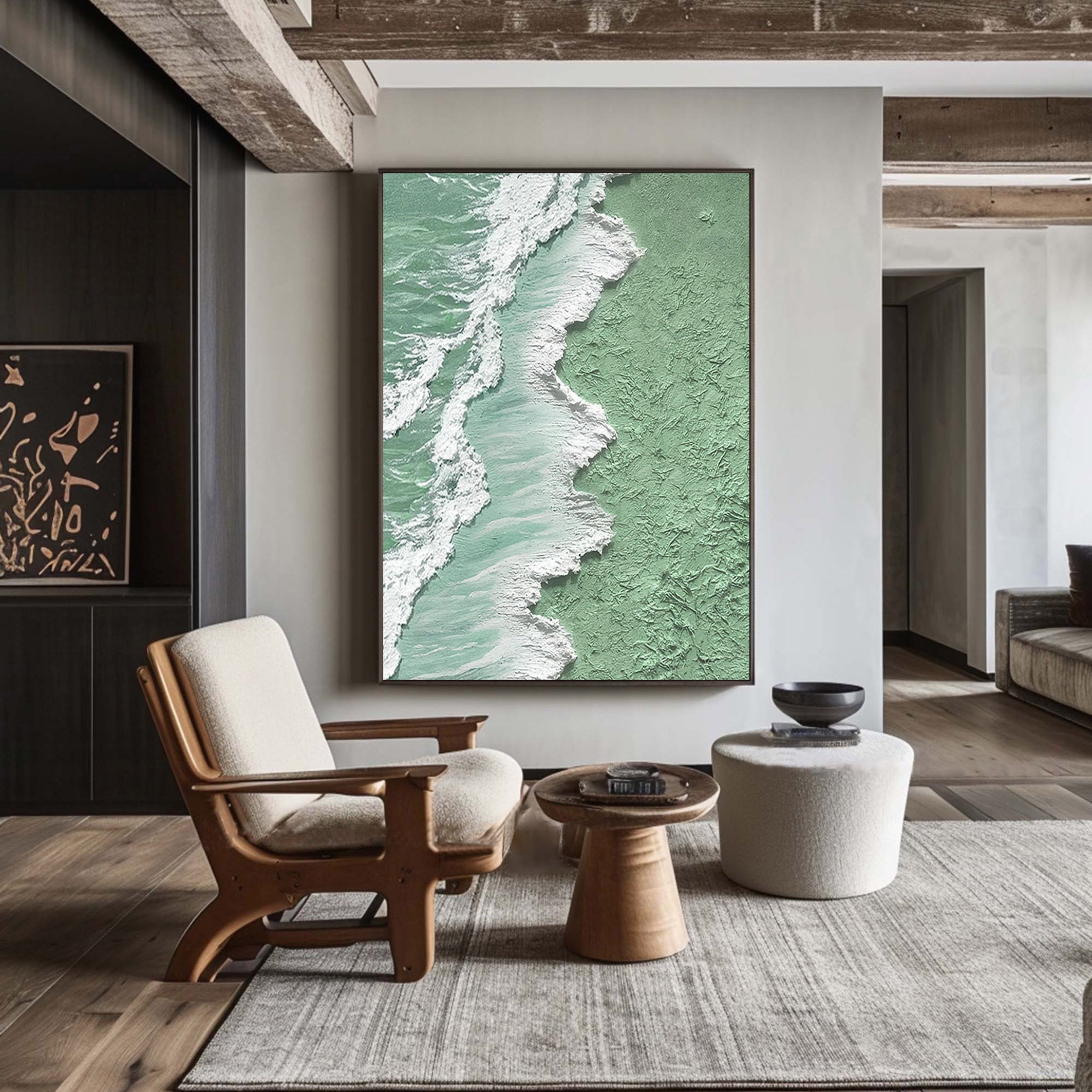 Oxygen Shore – Modern Textured Painting | Creative Wabi-Sabi Mint Green Sea Wave Entryway Art