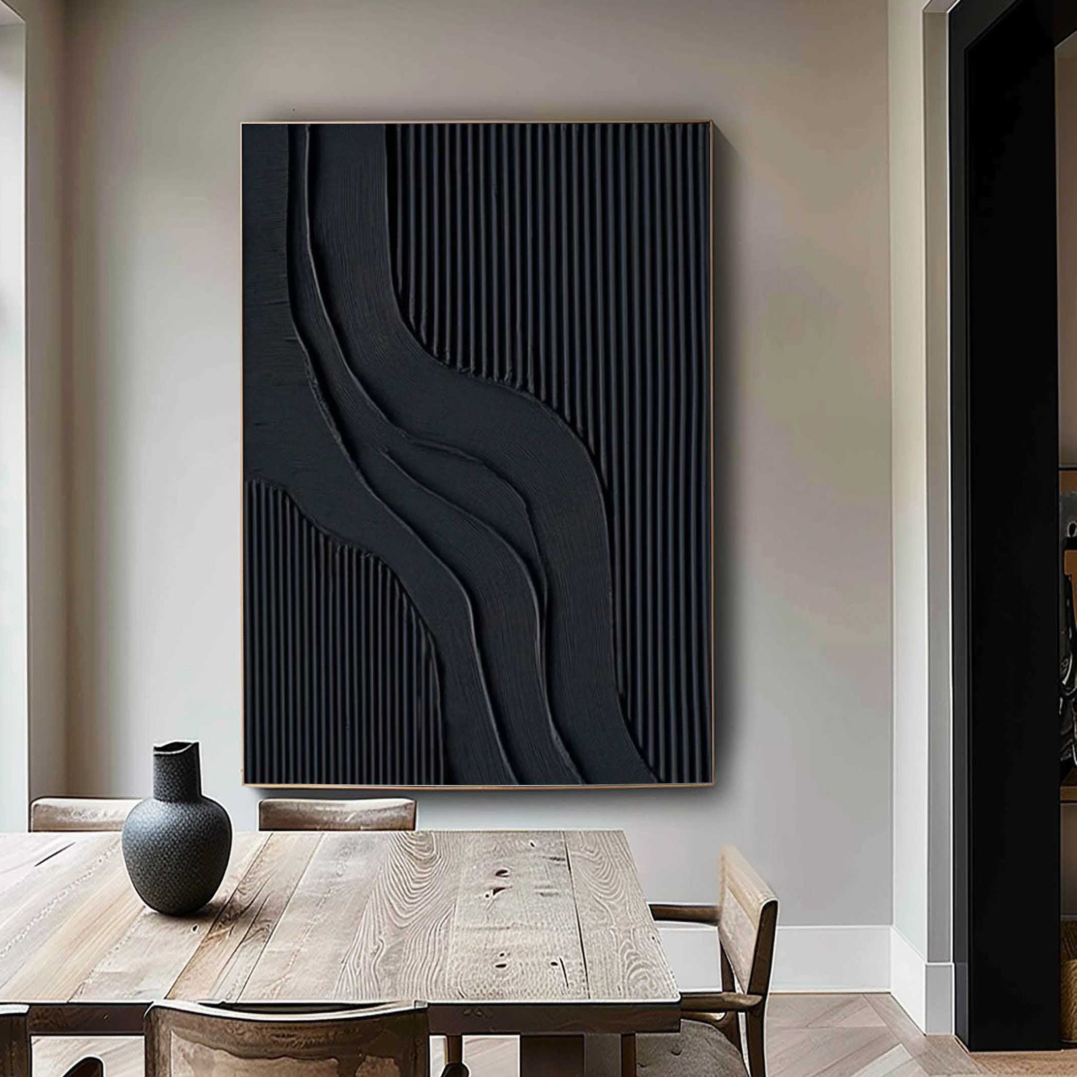 Midnight Strata – Hand-Painted Matte Black Fluted Texture 3D Relief Wabi-Sabi Painting | Japandi Wabi-Sabi Living Room & Bedroom Art