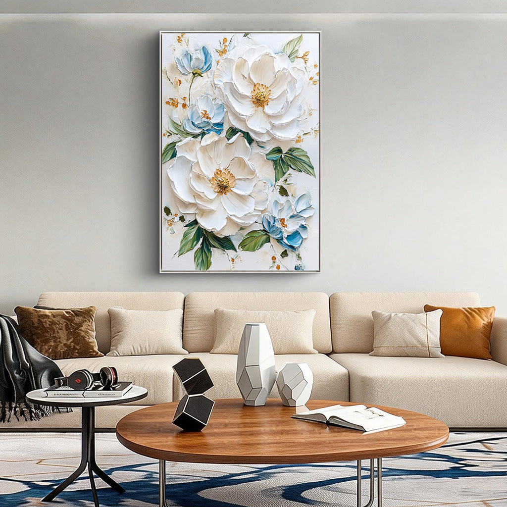 Pure Elegance – Hand-Painted Off-White and Soft Blue 3D Relief Plaster Effect Floral Painting | Soft Organic Botanical Bedroom & Living Room Art