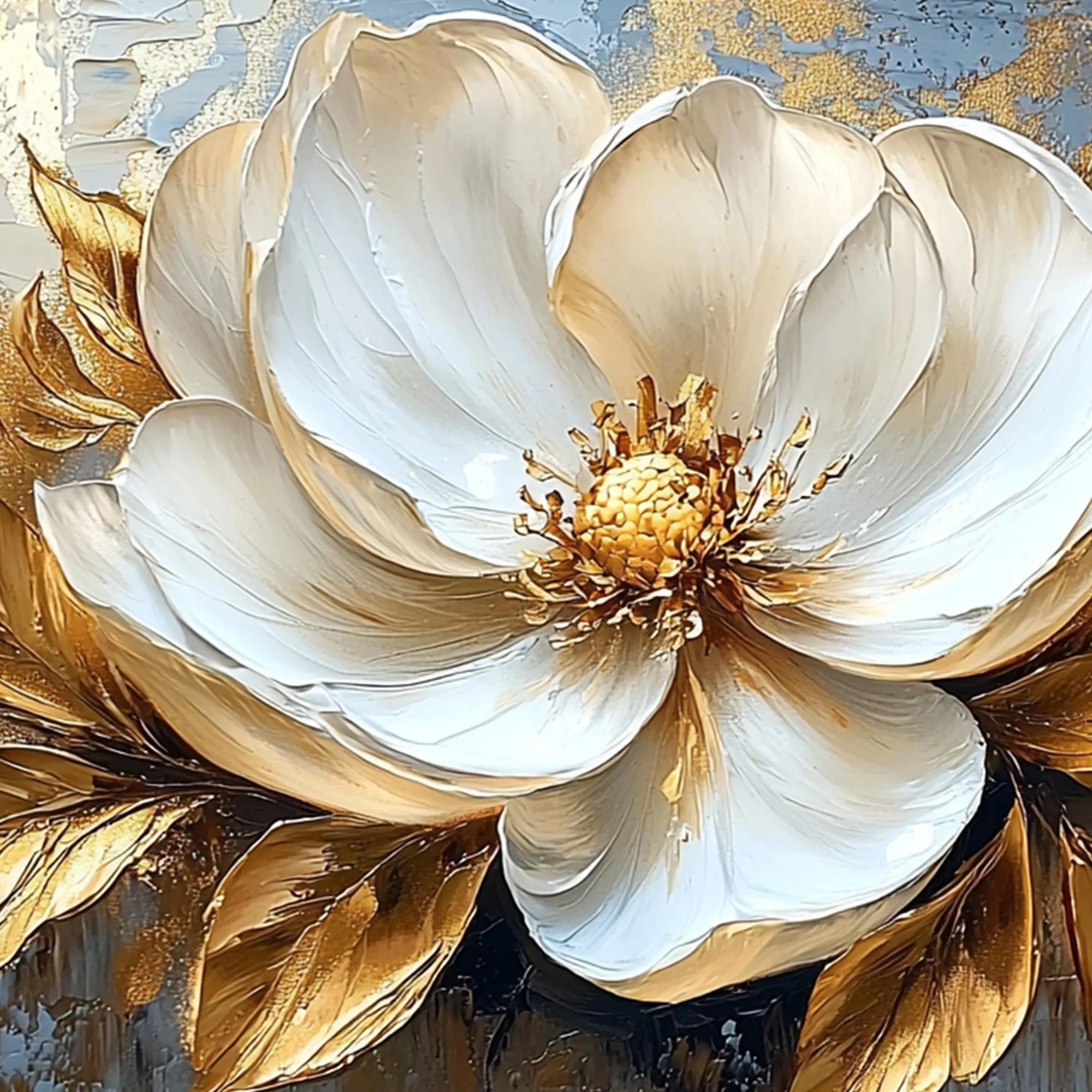 Golden Magnolia – Luxury Gold Leaf 3D Magnolia Hand-Painted Floral Painting | Modern Luxury Botanical Bedroom & Living Room Art